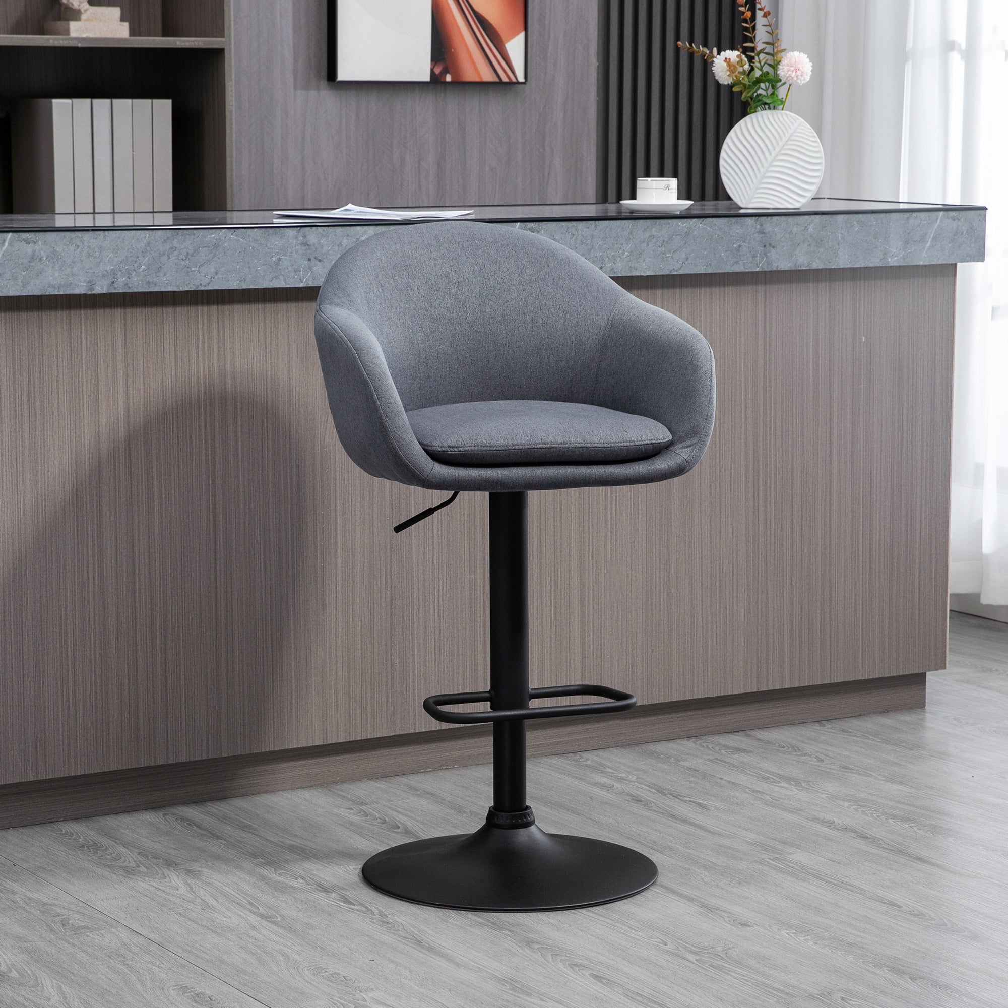 Bar Stool, Height-Adjustable with Backrest and Footrest, Grey Linen Look