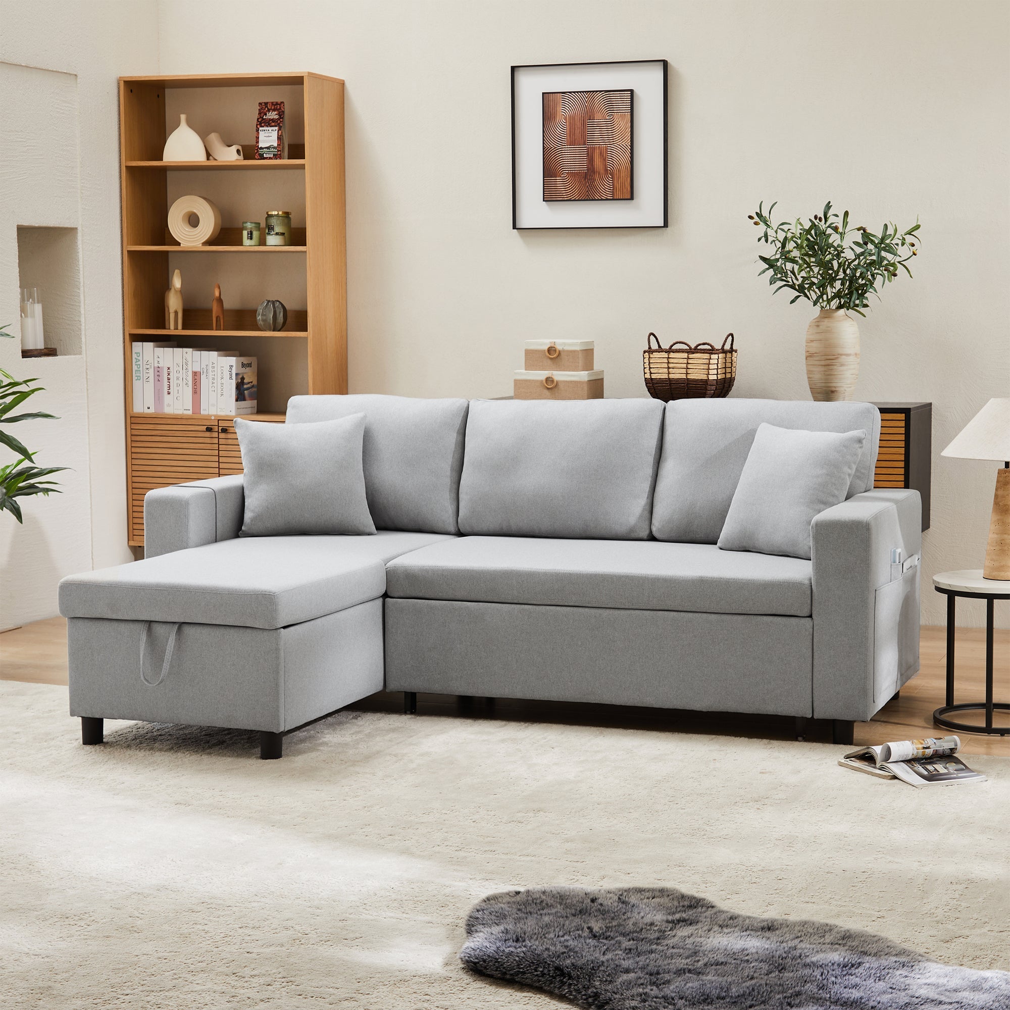 Sleeper Sofa L-Shaped Chaise Longue Reversible Storage with Pocket