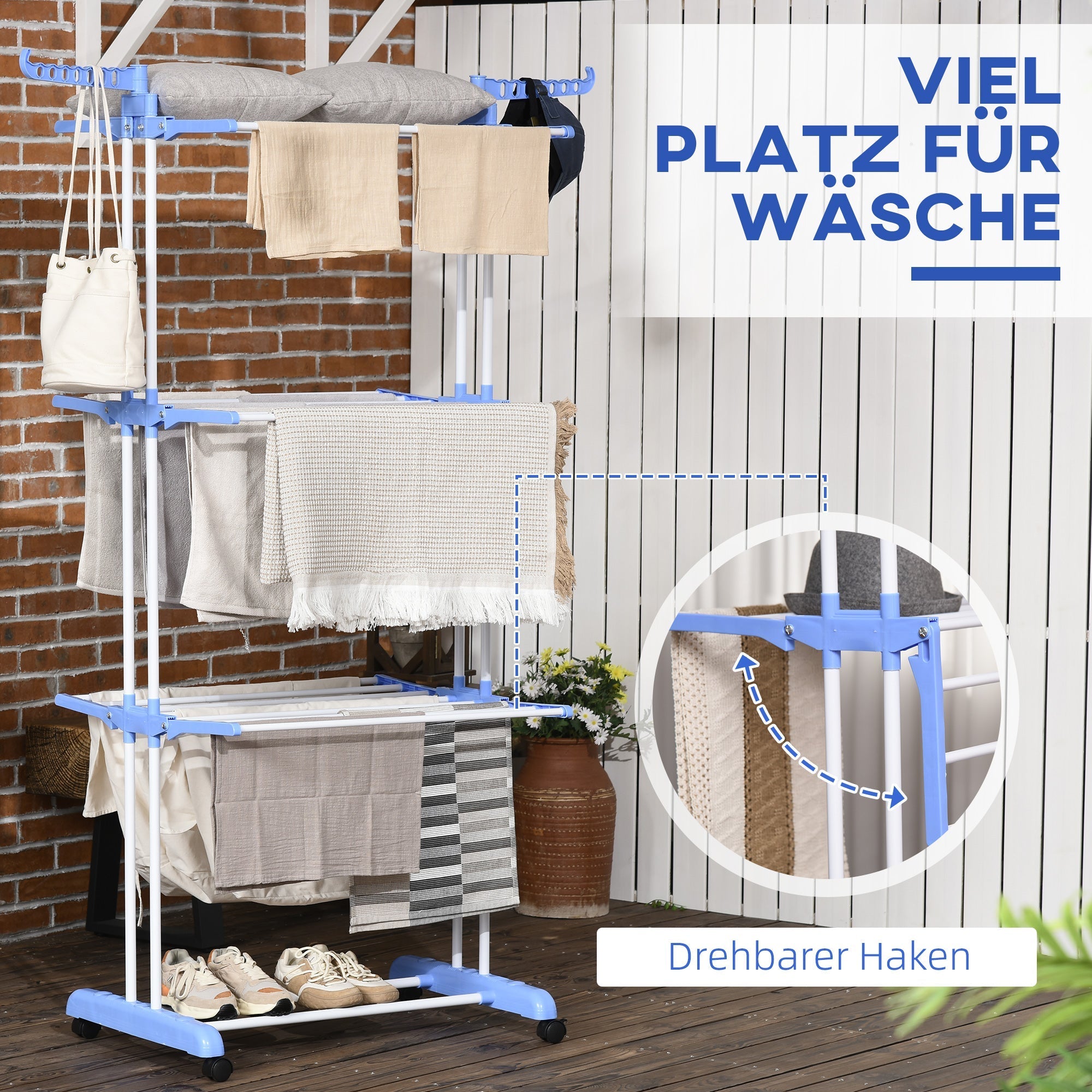 Clothes Dryer Tower, Extendable 4 Levels with Wheels, Steel Blue