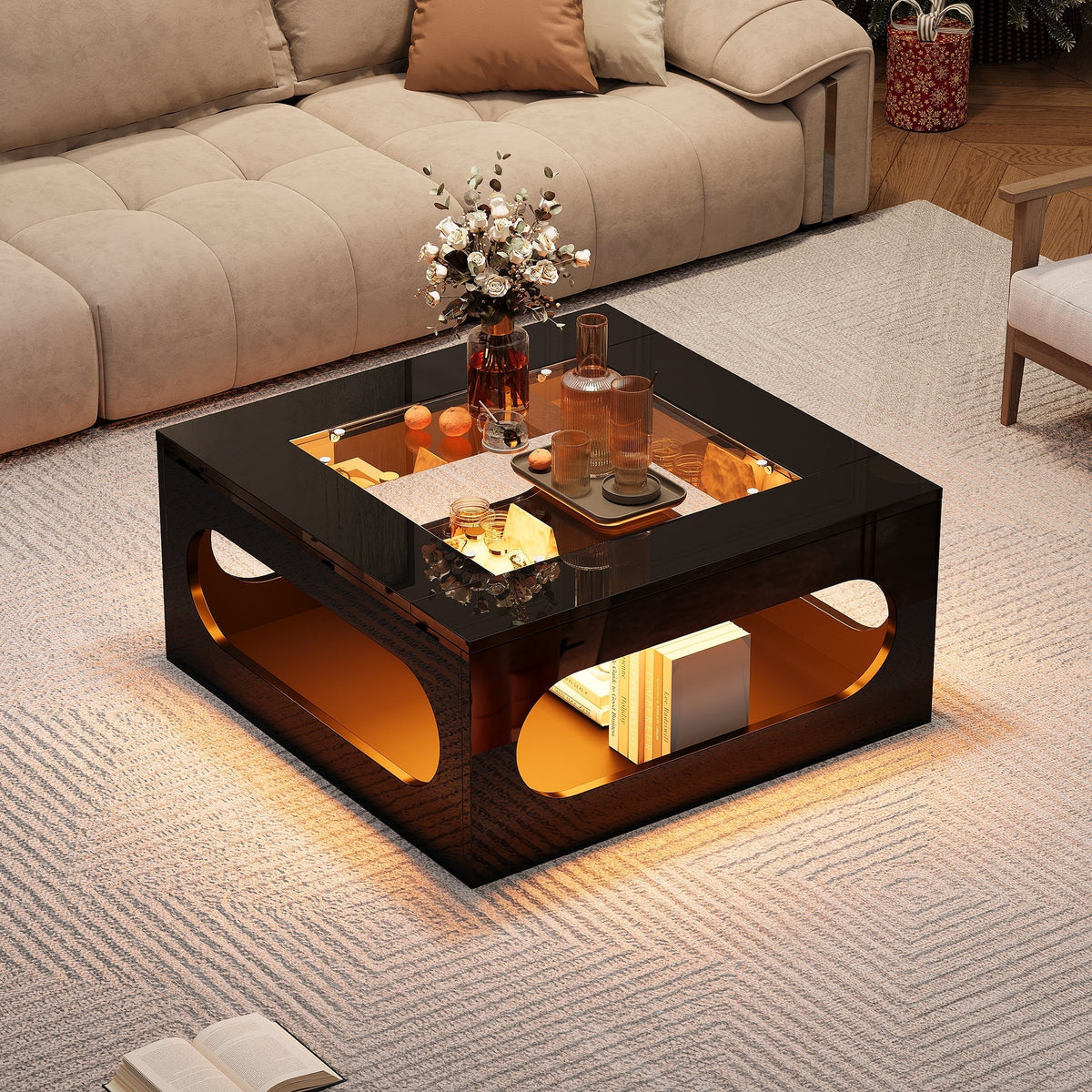 Coffee Table 70x70x35cm Square Hollowed-Out Tempered Glass LED High-Gloss Black MDF