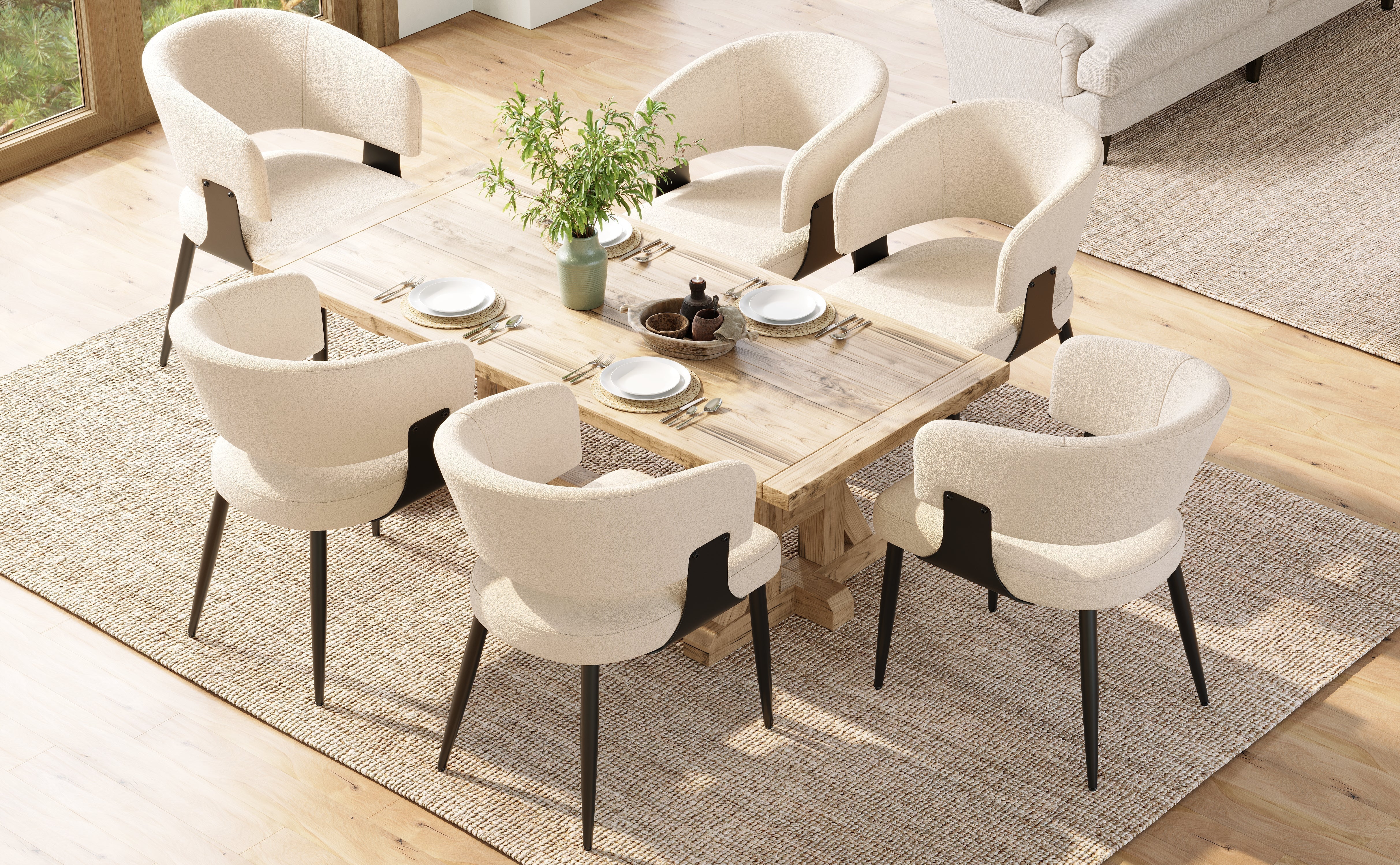 Dining Chair Set of 6 with Curved Backrest and Ergonomic Design, Flannel, Beige and Grey