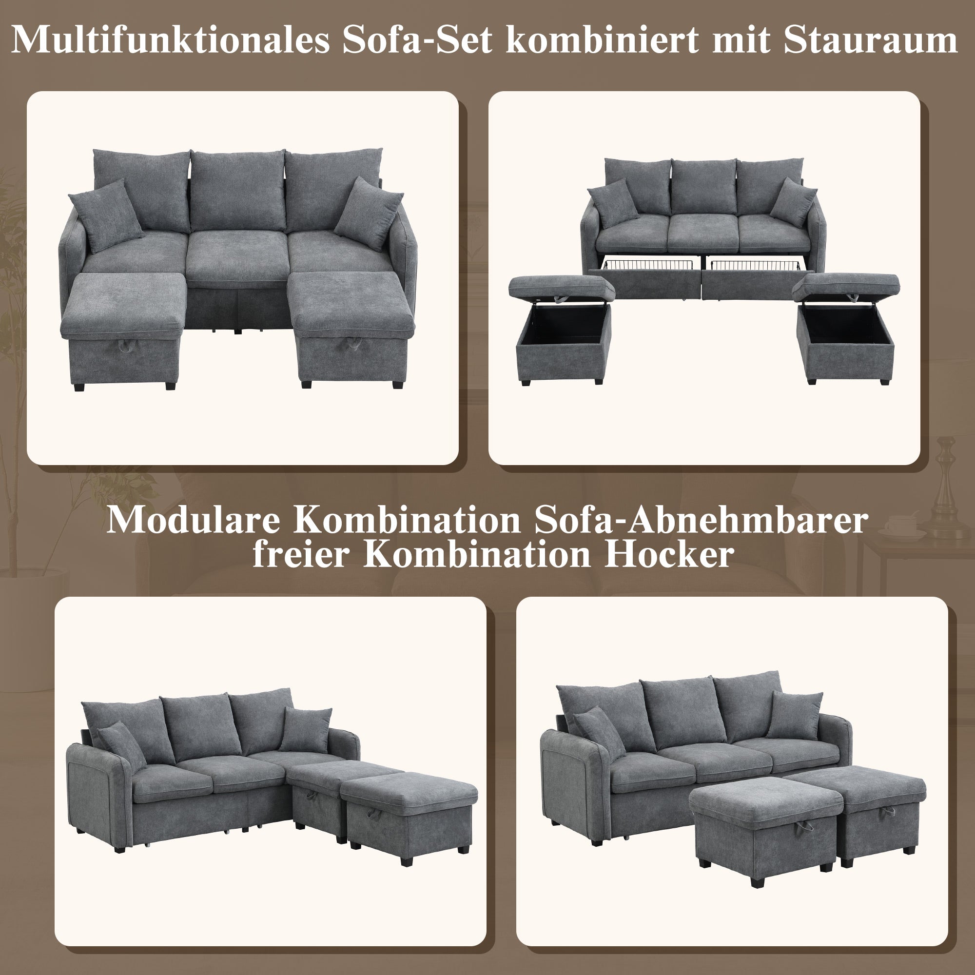 Corner Sofa U-Shaped Three-Seater Modular with Storage & Sleeping Function, Chenille