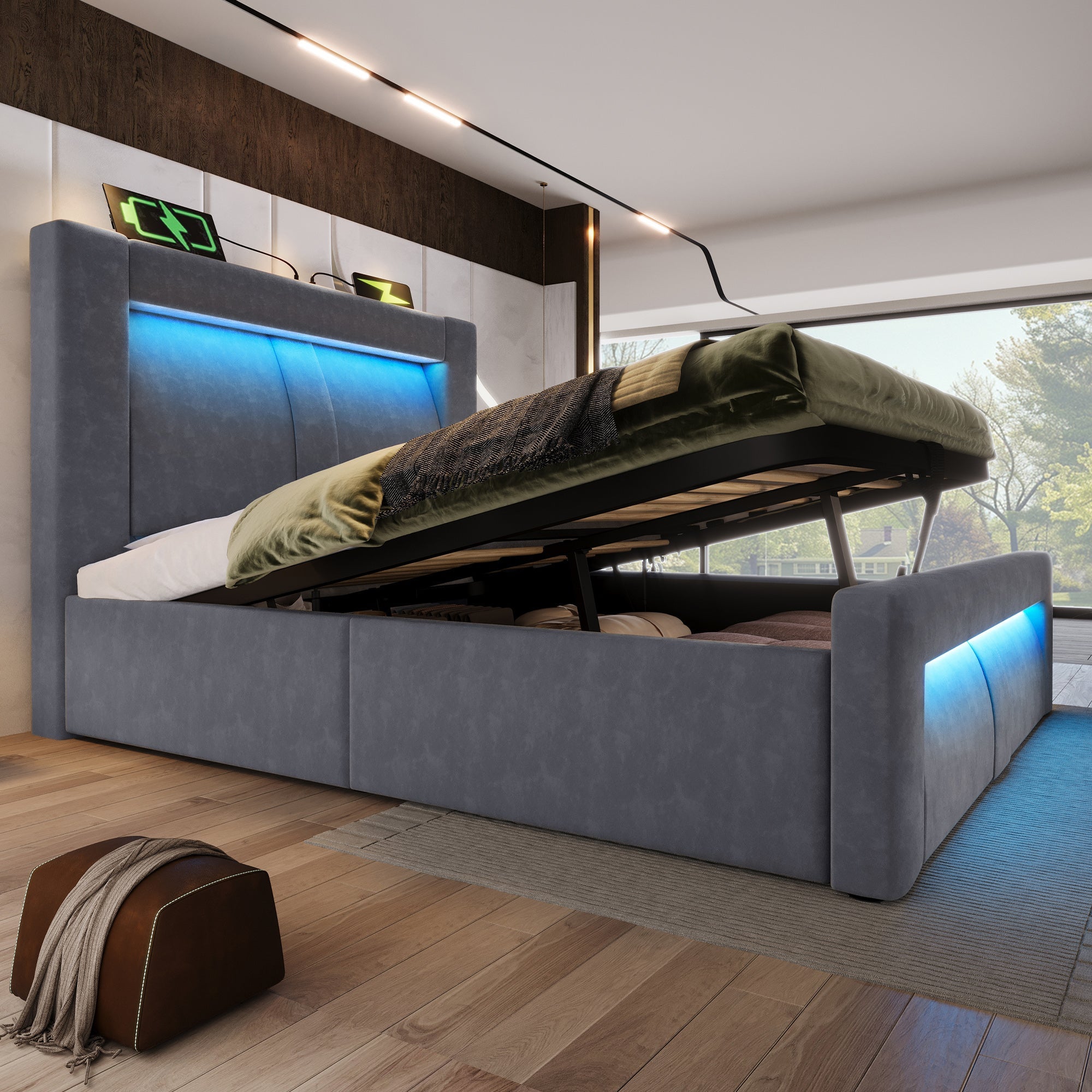 Single Hydraulic Bed 90x200 cm with LED, Storage, Charging Ports and Mattress, Grey Velvet