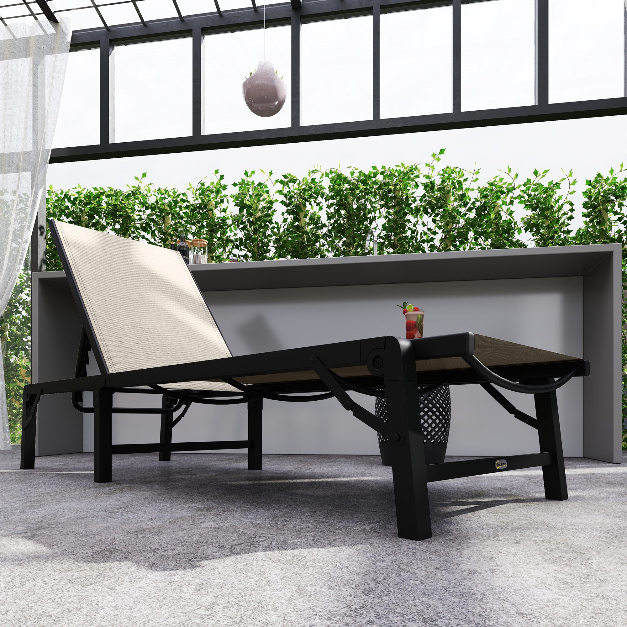 Folding Sun Lounger, 5-Position Adjustable Reclining Chair Steel Frame, Khaki