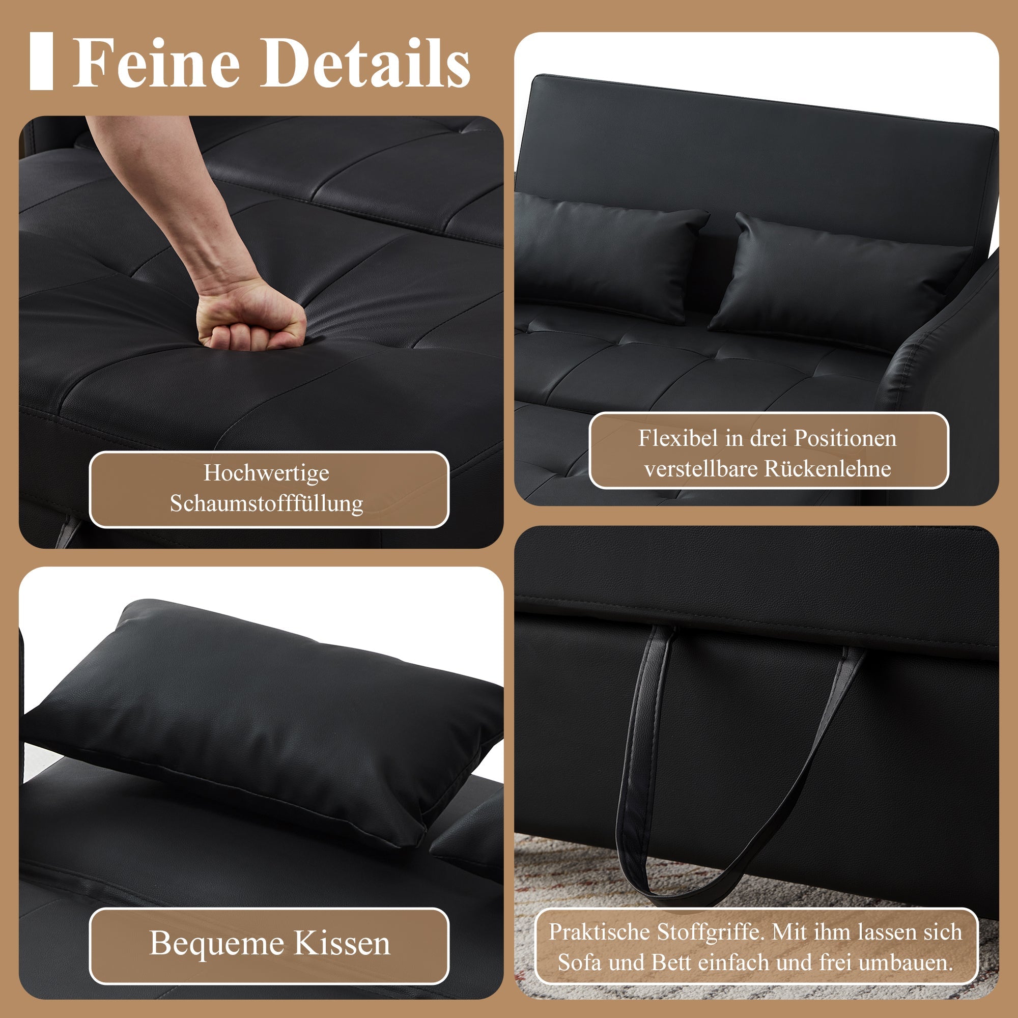 Multifunctional Sofa Bed Two-Seater Pull-Out, 3-Position Adjustable Backrest, Water-Repellent PU Material