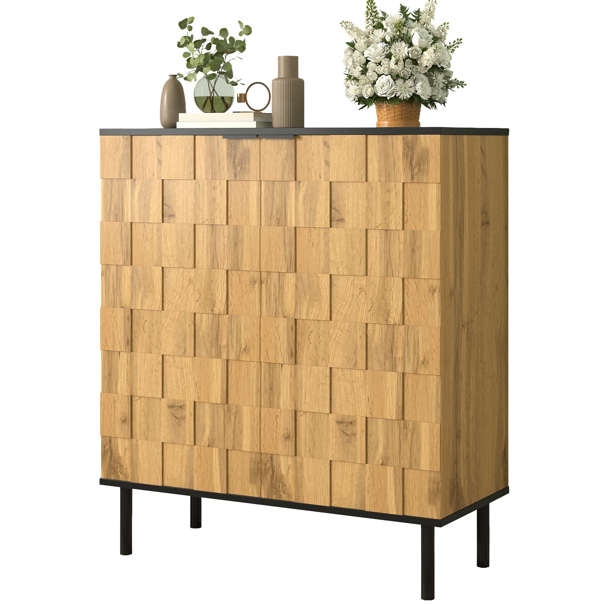 Mosaic Shoe Cabinet with 2 Doors and Adjustable Compartments, Wood Look Chipboard