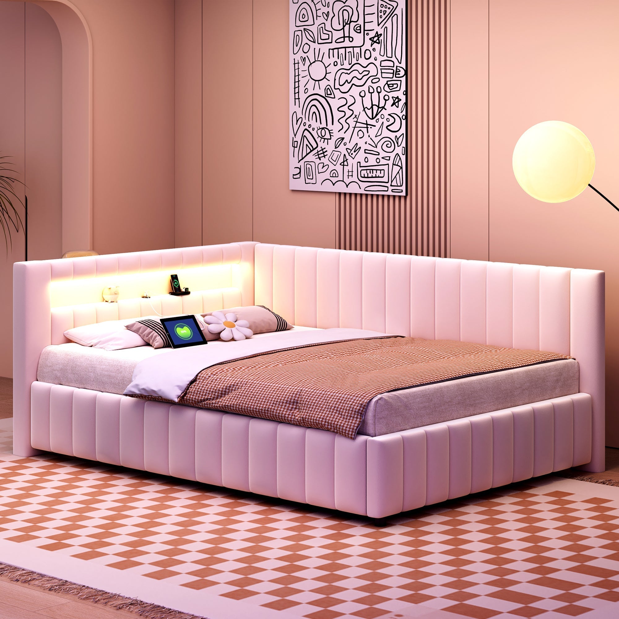 Upholstered Sofa Bed 140x200 with LED & USB Charging Port, Velvet Beige