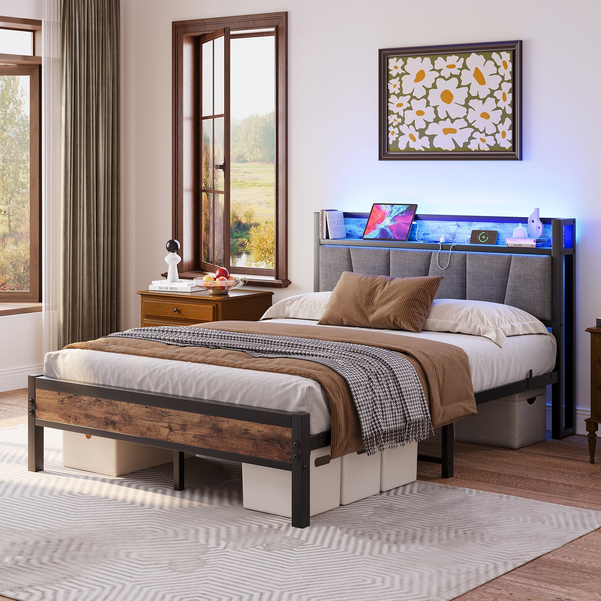 Bed Frame 140x190cm Smart LED Lights USB Charging Noise-Free Metal