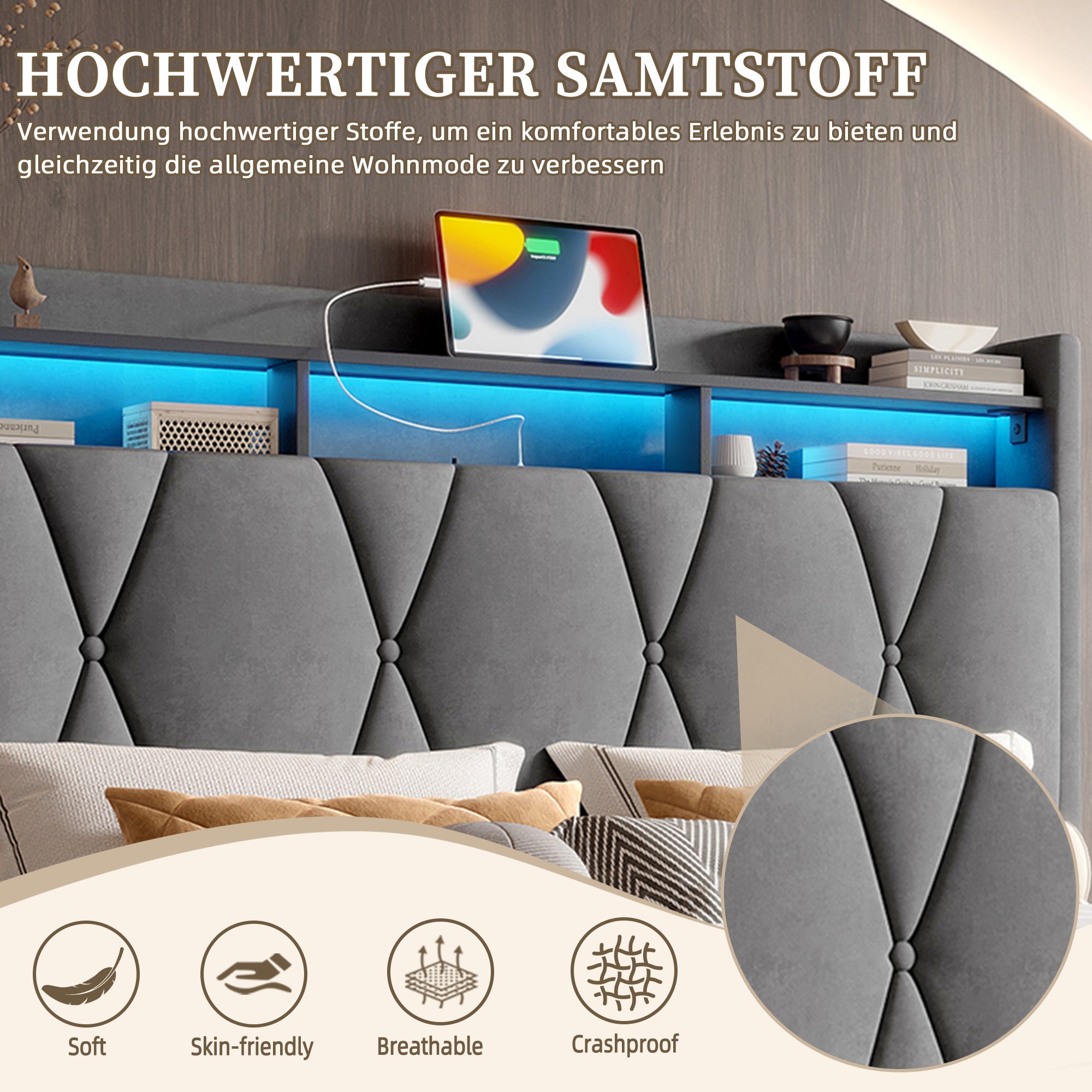 Upholstered Bed Frame 140x200cm, LED, USB-C Charging, Hydraulic Storage Headboard, Grey