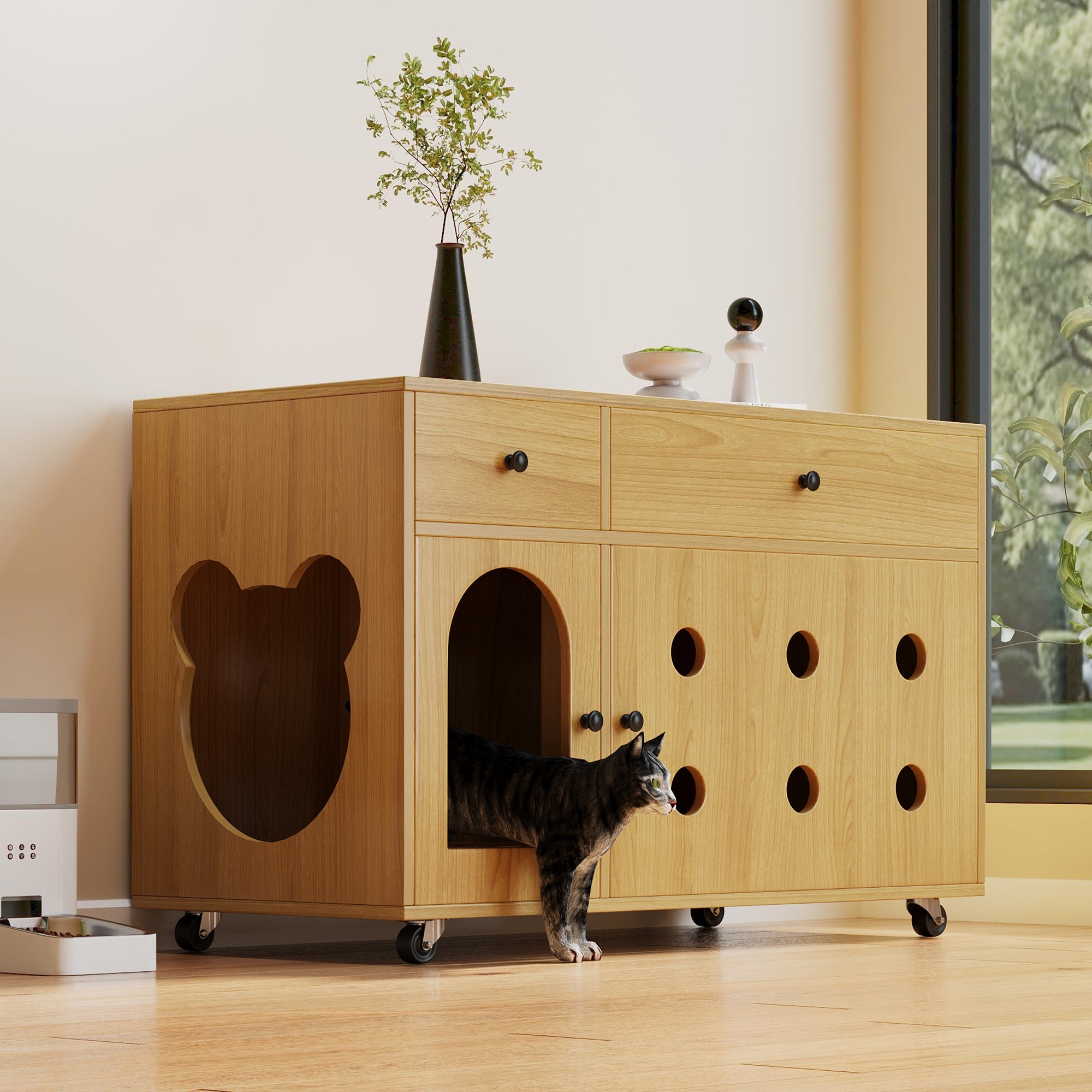 Cat Litter Box Cabinet, Removable Sand Drain, Odor-Insulated, 100x45x66 cm, Natural Wood/Yellow Maple Color