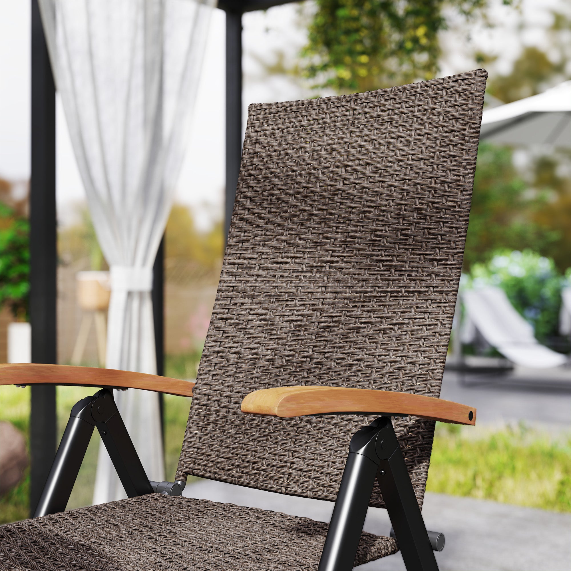 2 Pieces Folding Rattan Garden Dining Chairs 5-Level Reclining High Back Wood Armrests Brown