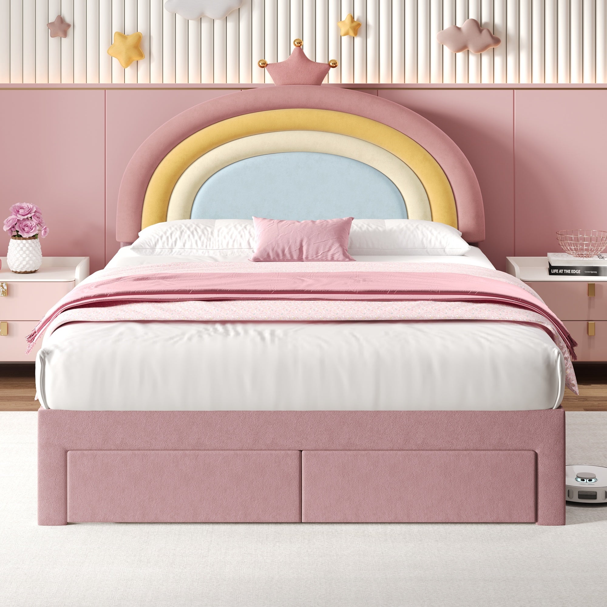 Bed - 4ft6 Double Upholstered with Adjustable Rainbow Crown Headboard & Storage Drawer, Soft Velvet, Pink
