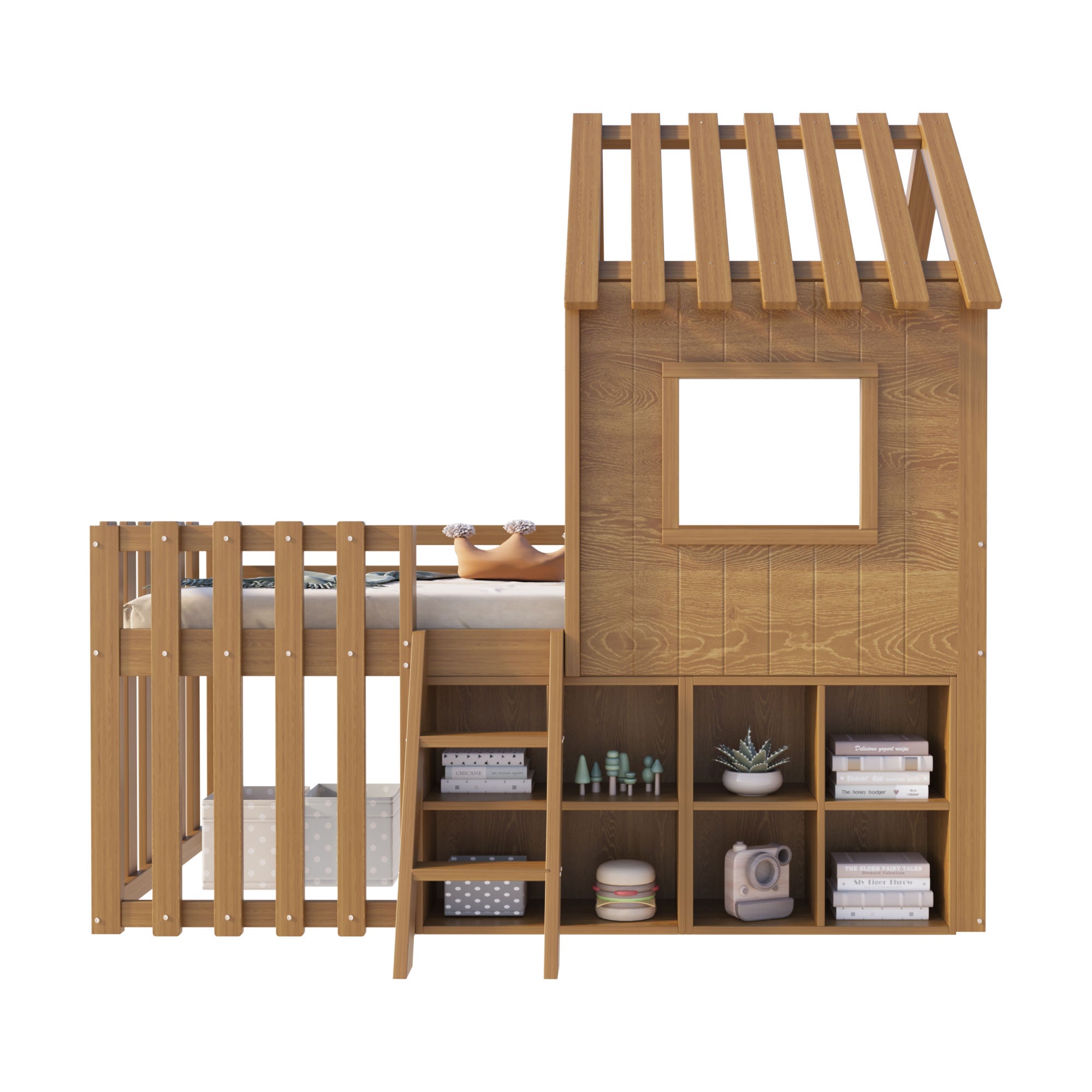 Children's House Bed 90x200 with Roof, Window, Storage & Ladder, Solid Wood