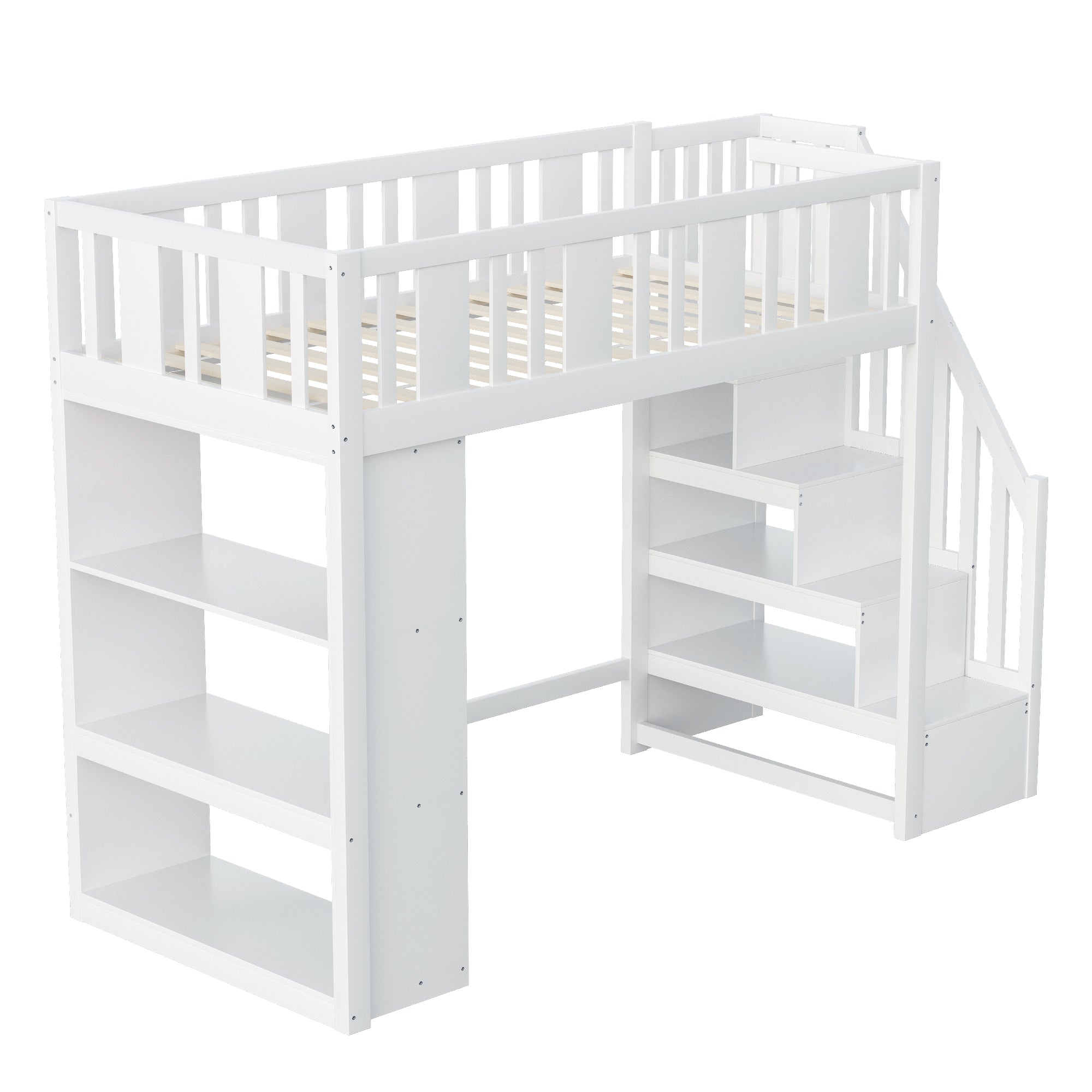 Loft Bed, 90x200cm with Storage Stairs, Functional Wooden Bed, White