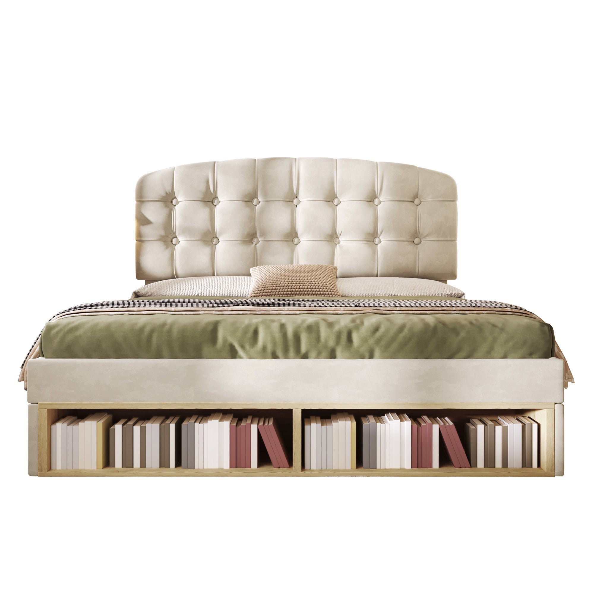 Upholstered Double Bed with Drawers, Storage and Adjustable Headboard, 140x200cm, Beige Velvet