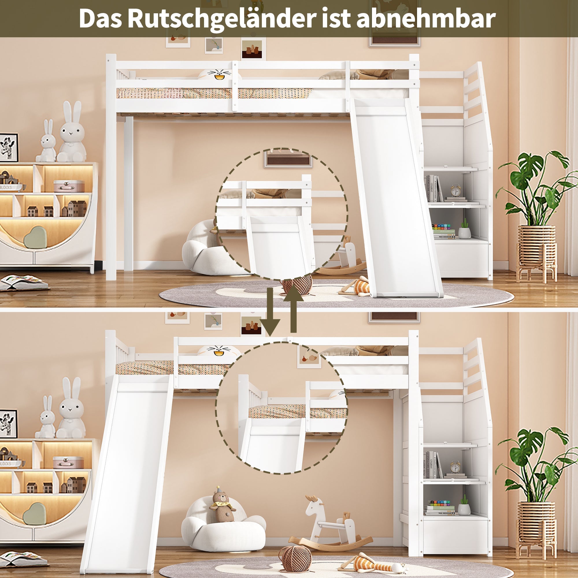 Bunk Bed 90x200cm Slide Removable Railing Storage Ladder - White