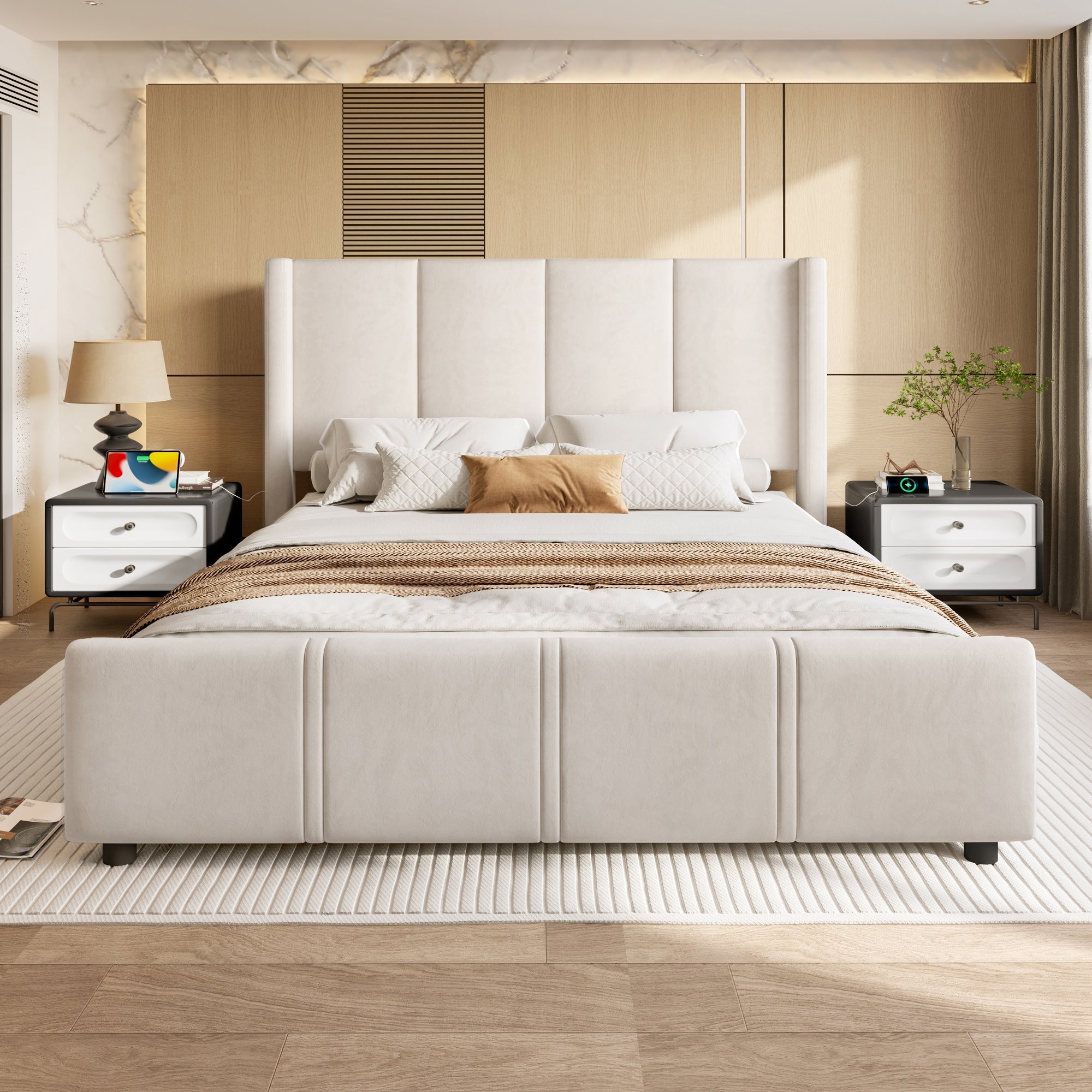 Upholstered Bed Frame, Modern High Headboard & Footboard, USB Port, Iron & Wood, Beige
