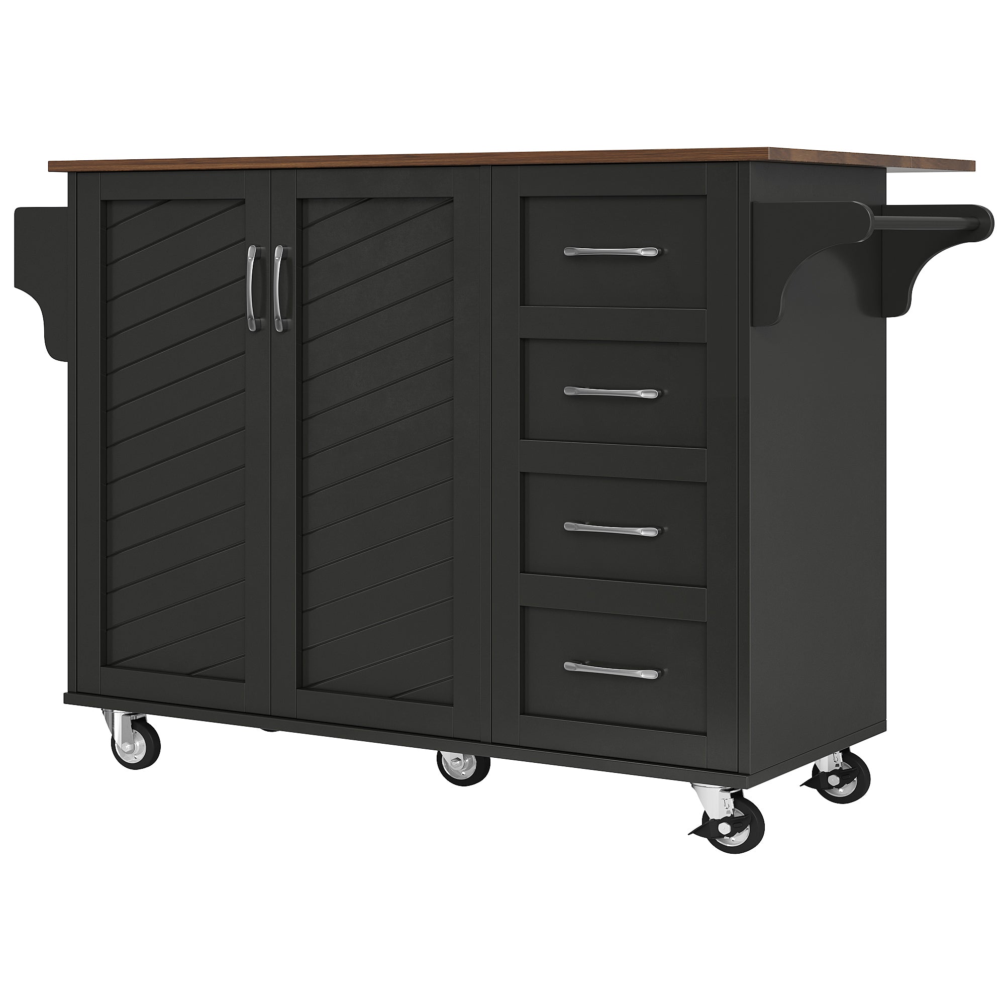 Kitchen Trolley Mobile Storage Striped Doors Towel/Spice Rack - Black