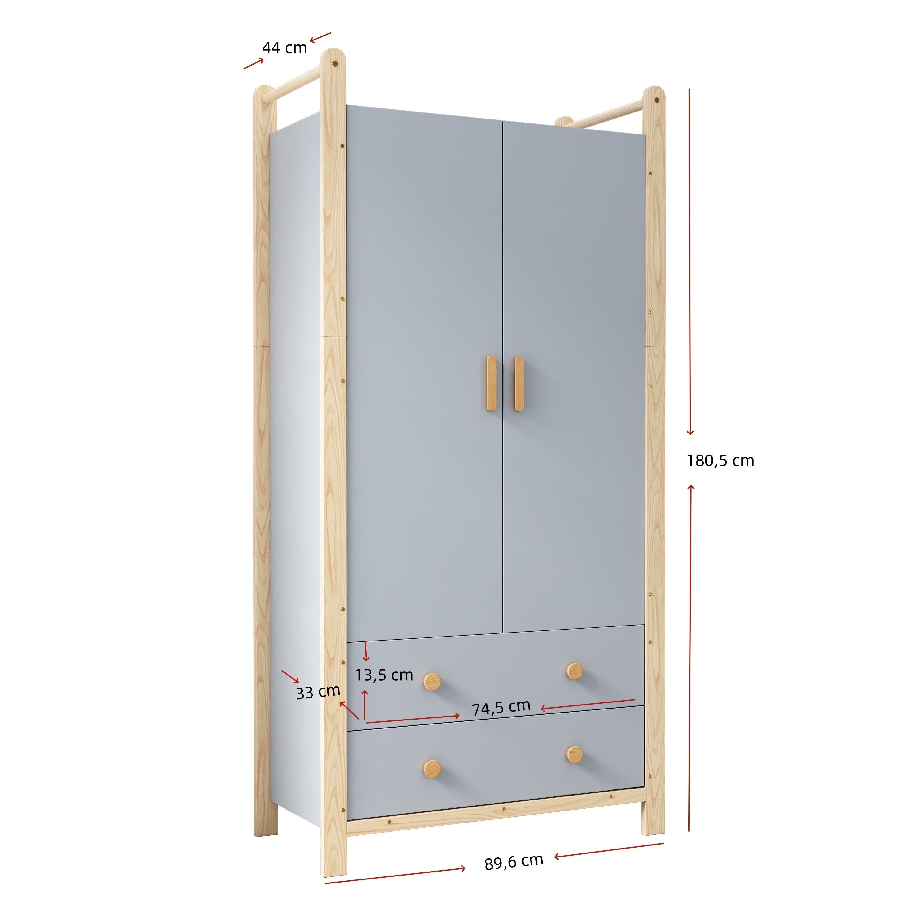 Double-Door Wardrobe Combination Set with Clothes Rail and Drawers, Spruce Wood, Blue/Natural Wood, 180cm