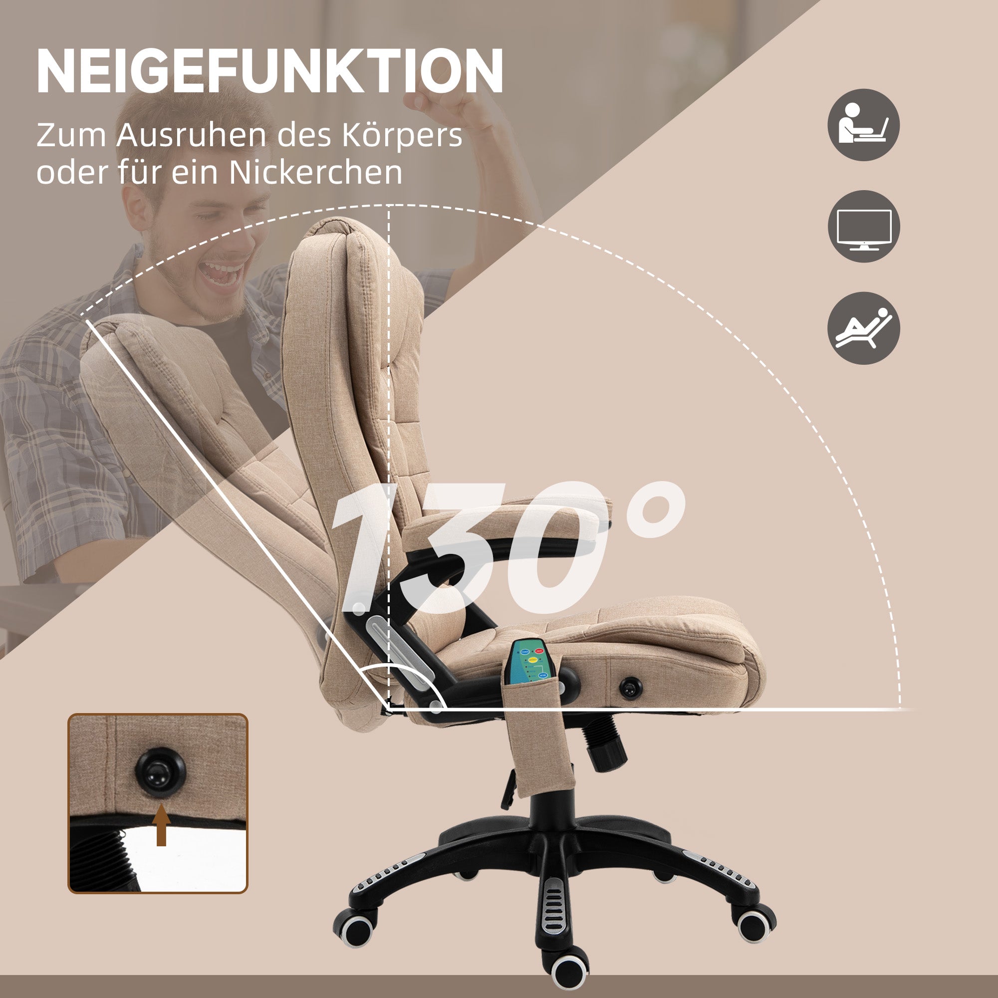 Office Chair with Massage, Heating, Reclining, and Adjustable Height - Linen Look Brown