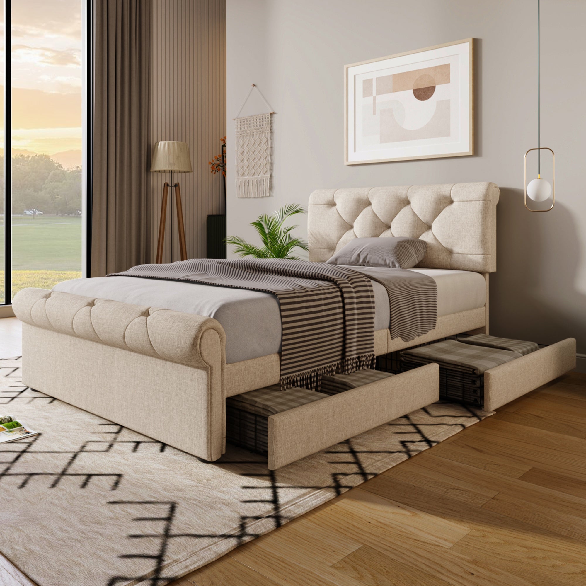 Single Upholstered Bed, 90x200cm with 2 Drawers, Adjustable Headboard, Natural