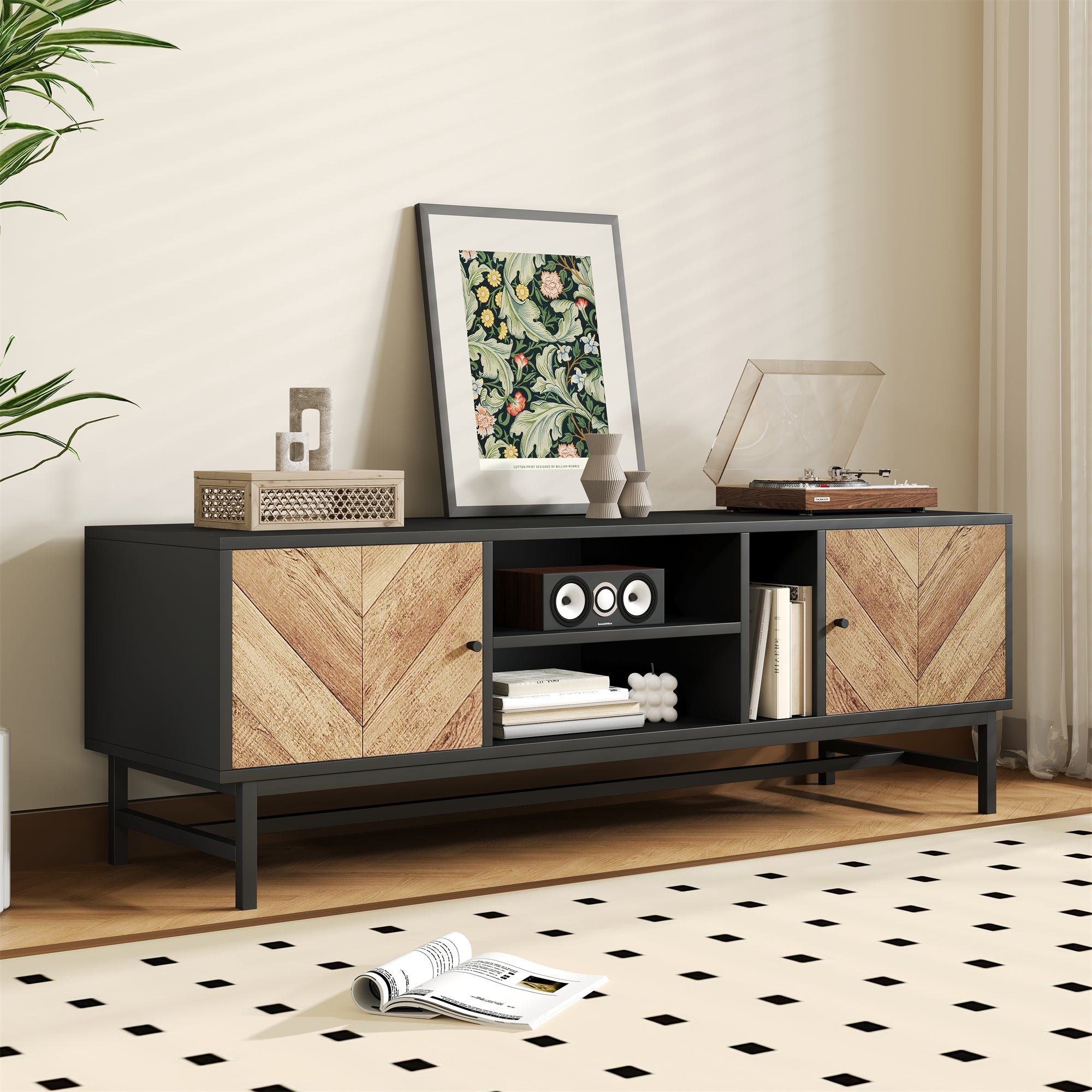 TV Cabinet 150 cm, Versatile Storage with Cabinets & Compartments, Black & Wood