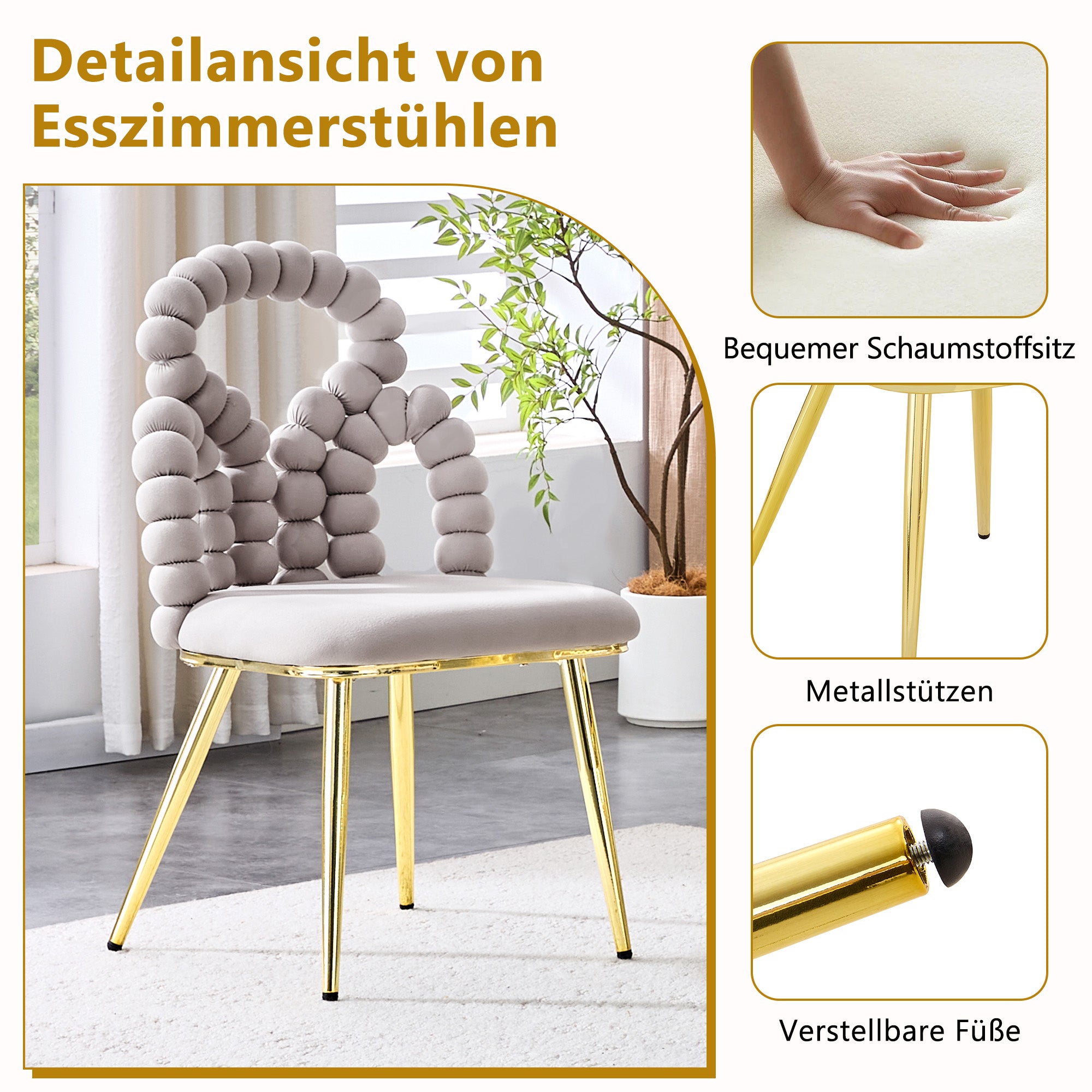 Dining Chairs Set of 2 Velvet Ball Chain Backrests Gold Legs - Light Grey