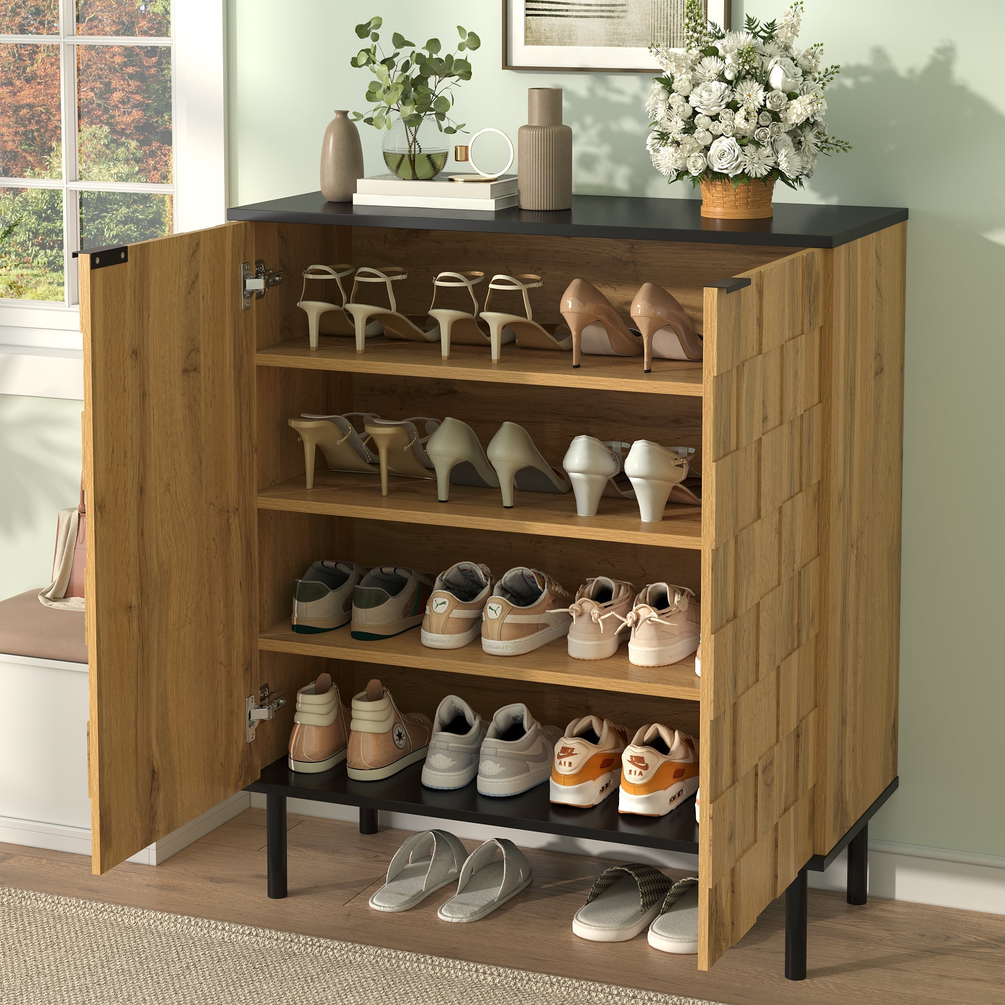 Mosaic Shoe Cabinet with 2 Doors and Adjustable Compartments, Wood Look Chipboard