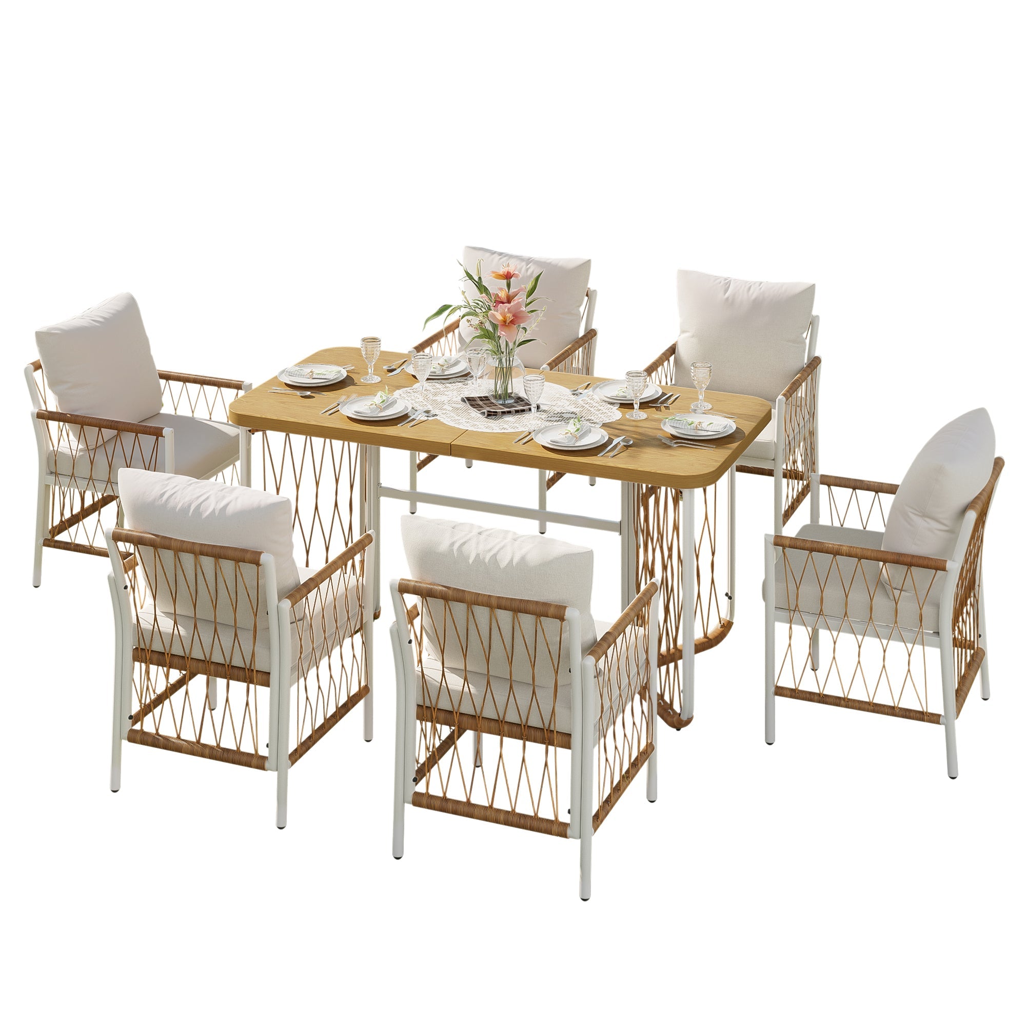 Modern Outdoor Leisure and Meeting Set with Woven Armrests and Cushions, Iron Frame