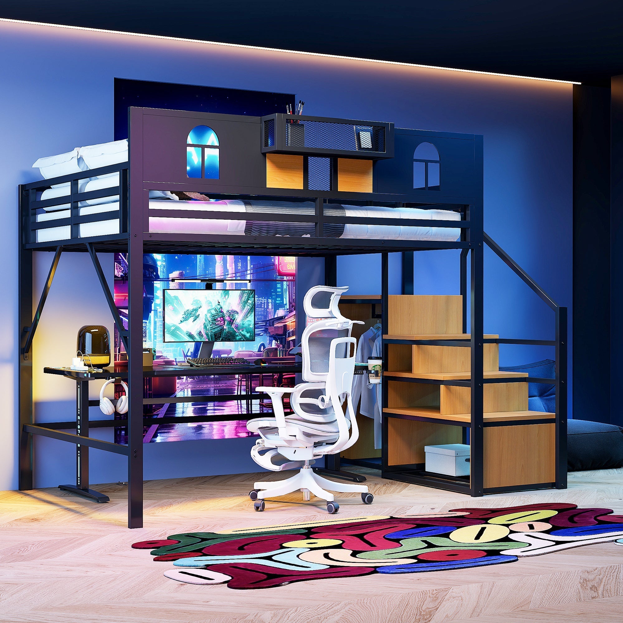Large Metal Loft Bed with Storage Stairs and Integrated Shelving, Black and Wood Look