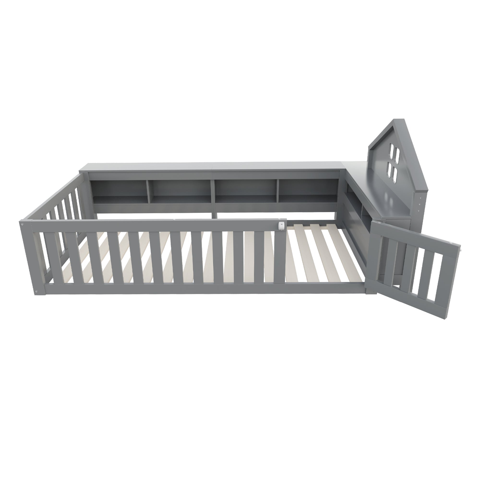 Children's Bed 90x200cm, Roof & Window, Storage, Safety Gate & Door, Solid Wood, Grey