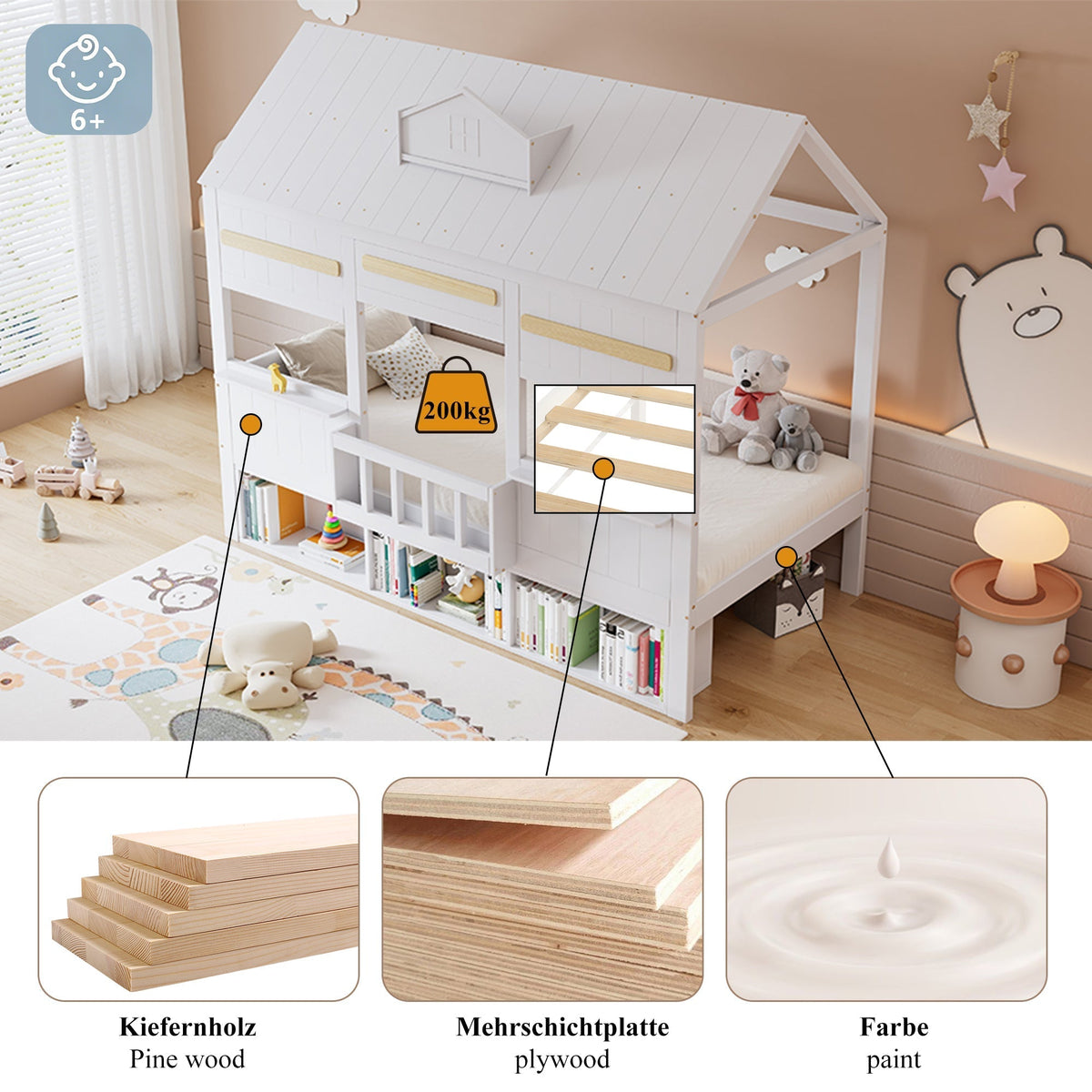 Loft Bed with House-Shaped Design, Bookshelf and Slatted Base, 90x200cm, White Pine + MDF