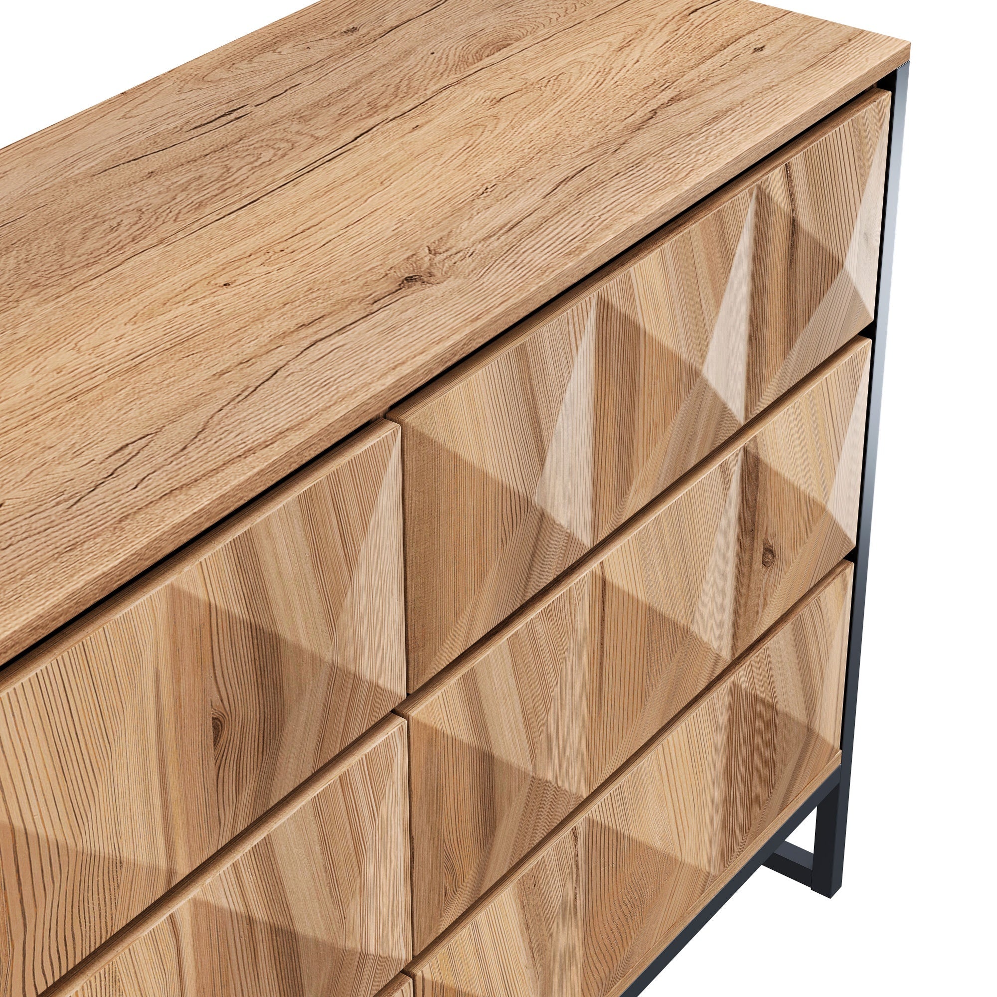 Sideboard & Chest of Drawers, Metal Legs, Raised Doors, Black and Natural Wood