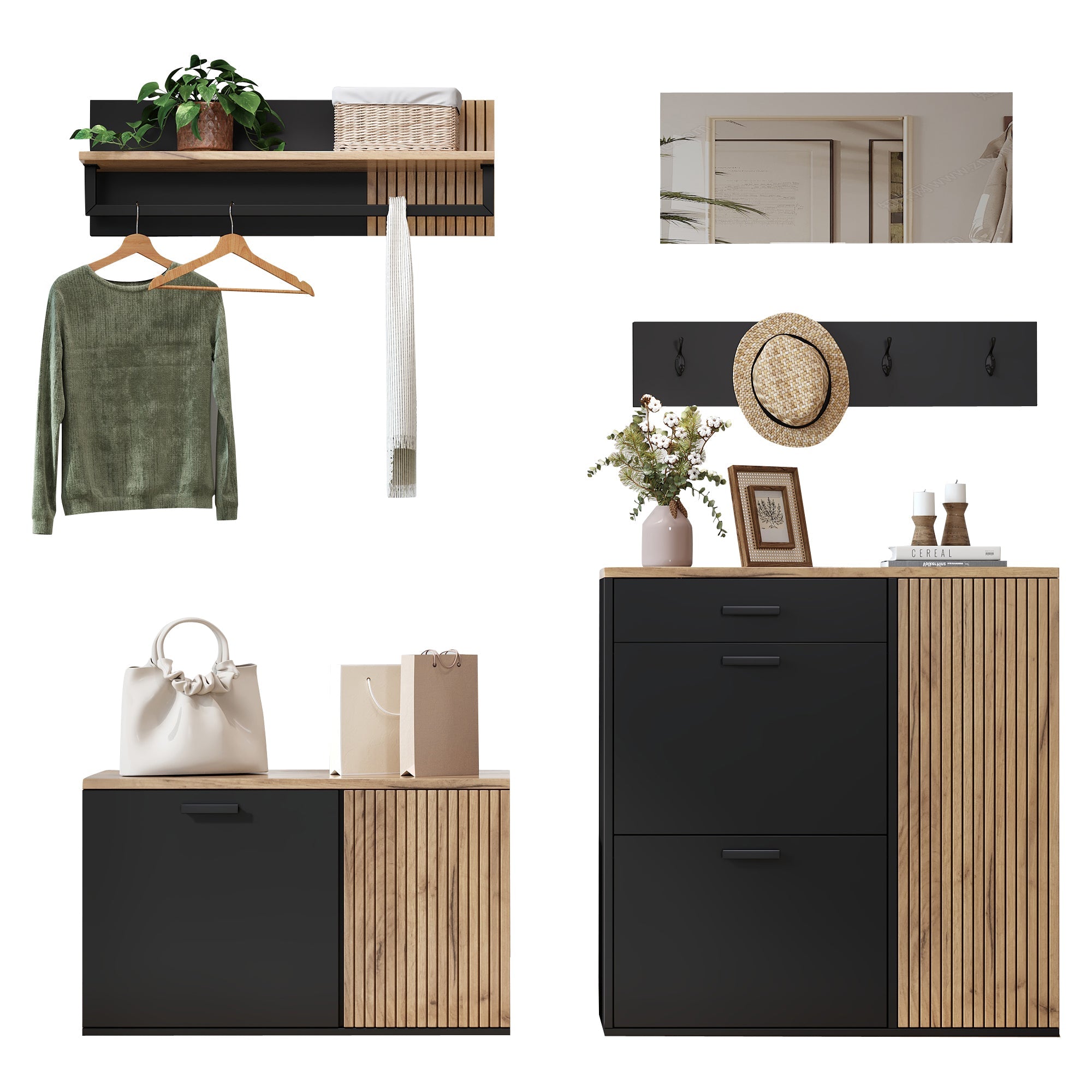 Wardrobe Set with Mirror, 2 Shoe Cabinets & Bench, Hallway Storage