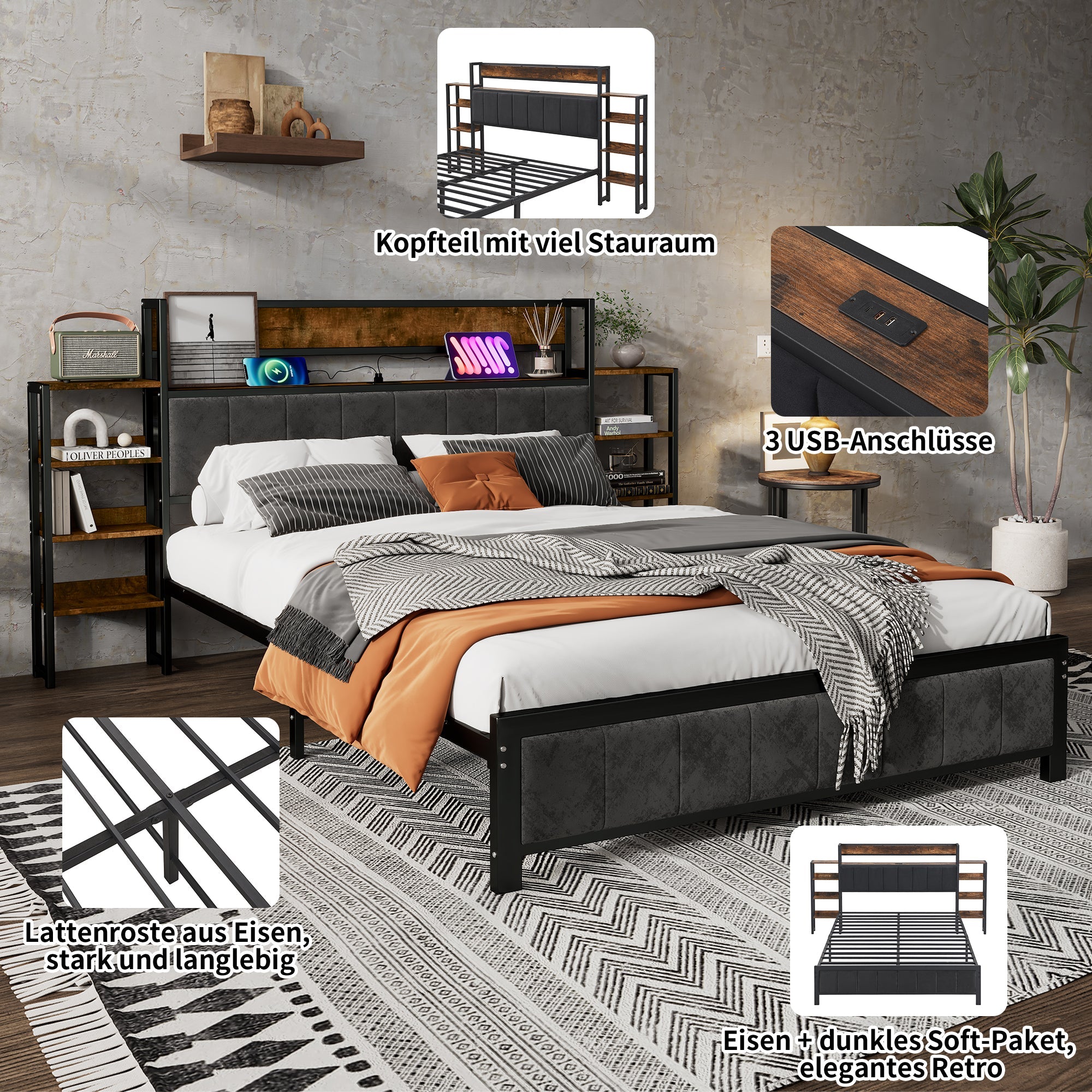 Metal Bed, Storage with Shelf & 3 USB Ports, Black & Walnut