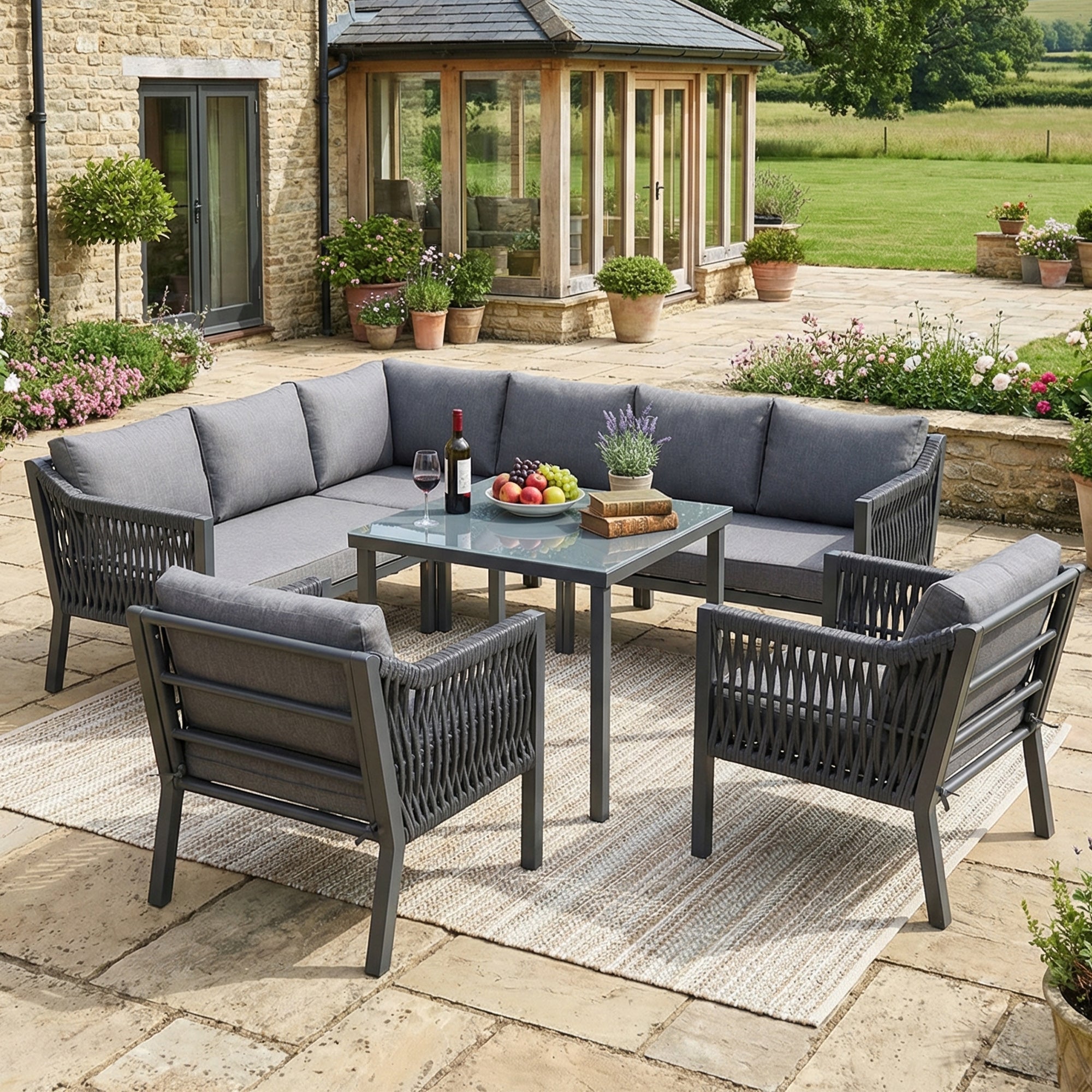 Garden Dining Set, 8-Person Corner Sofa with Table and Armchairs, Grey Hand-Woven Rope and Galvanized Iron