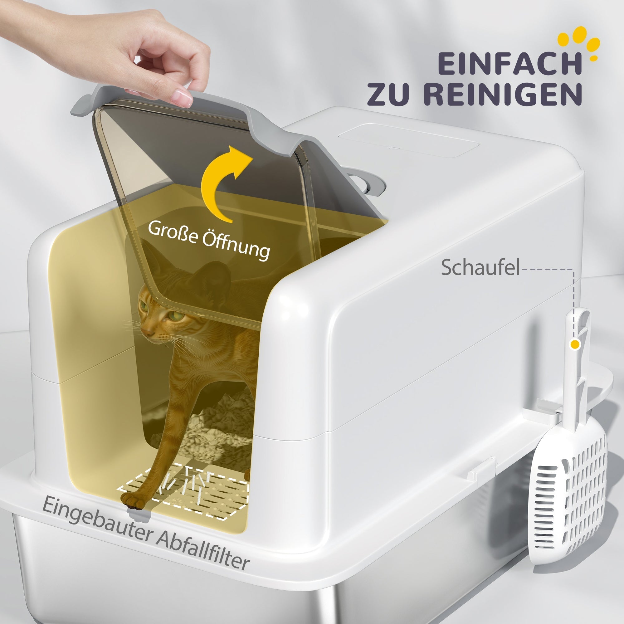 Katzentoilette mit Deckel, eingebautem Filter, Edelstahl, Weiß