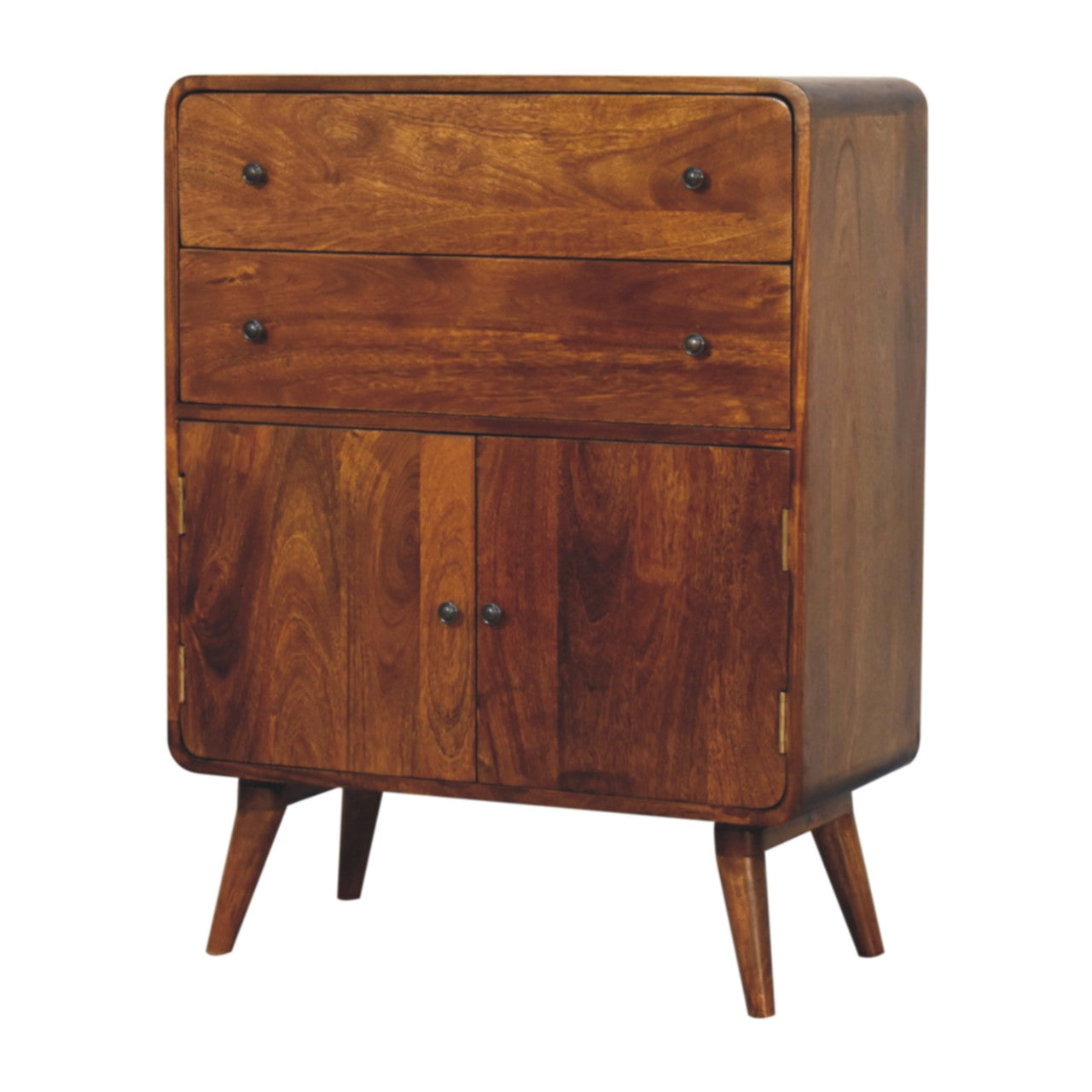 Solid Wood Curved Nordic Charm Cabinet, 2 Drawers, 2 Doors, Brown