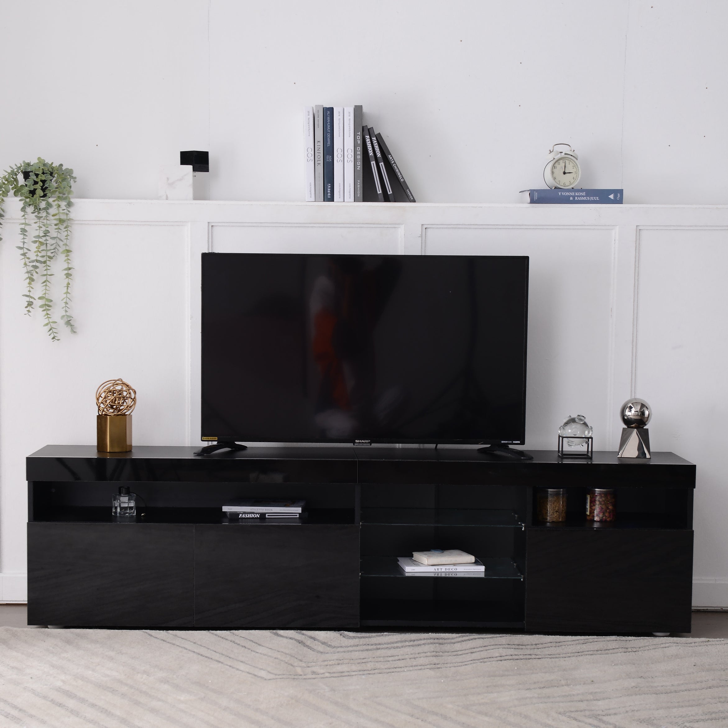 TV Cabinet, Modern with Bright Panel & LED Lighting, 180cm Black