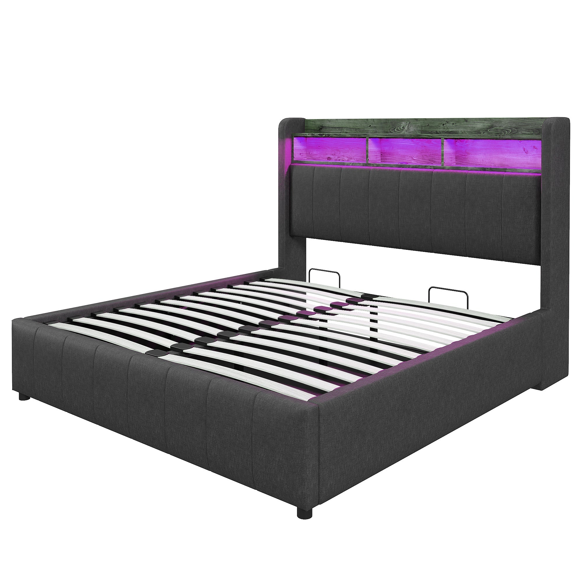 Upholstered Bed 160*200cm, LED Lighting, USB Socket, Hydraulic Storage, Linen Fabric Gray