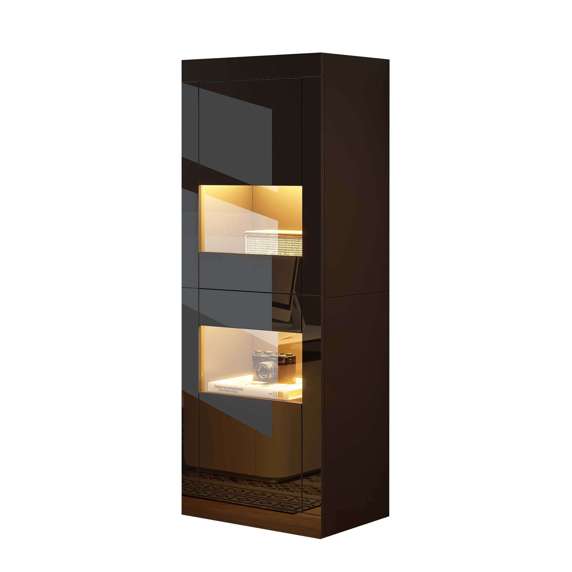 Display Cabinet with LED Lighting and Glass Shelf, High-Gloss Black
