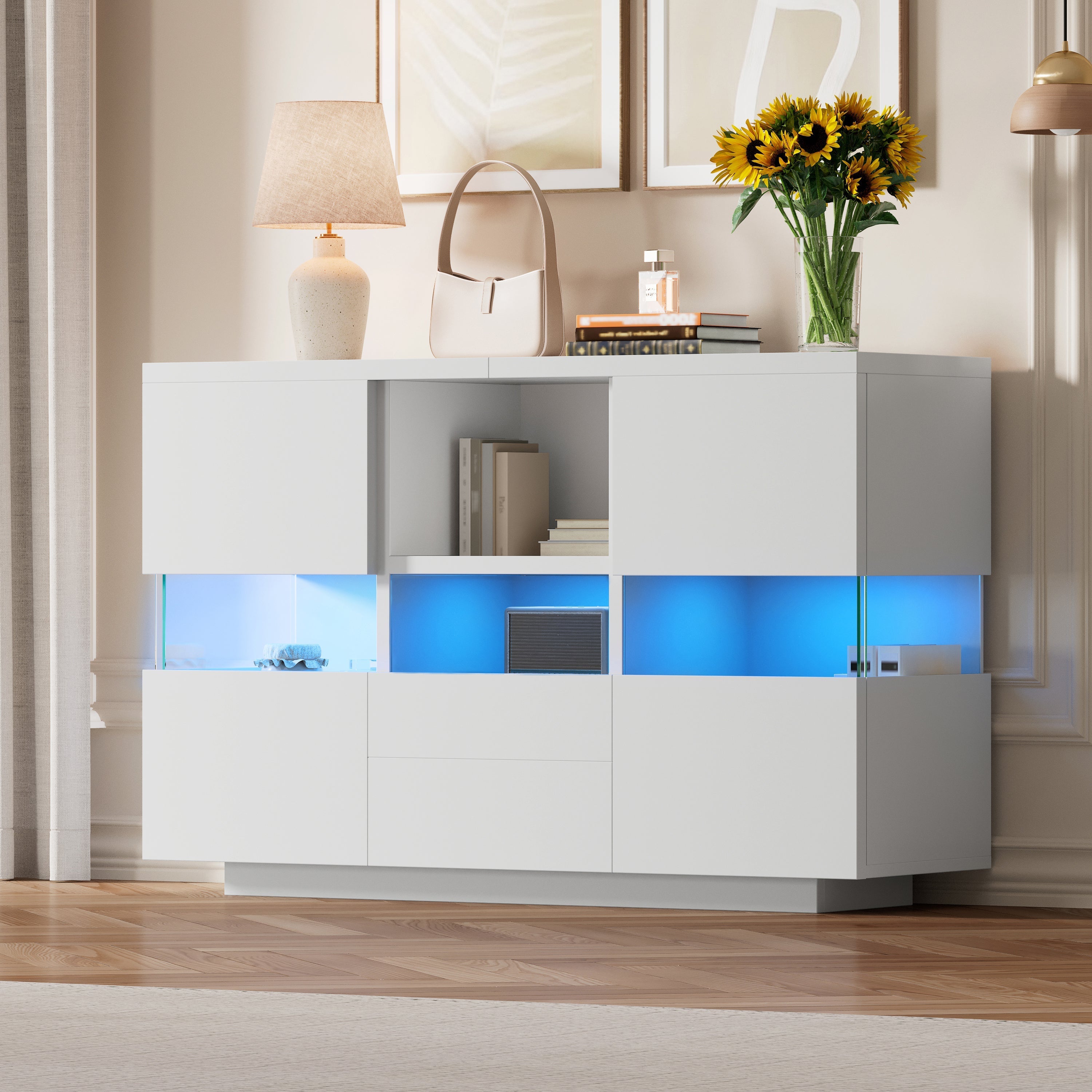 Minimalist Living Room Cabinet Double Level Floating Floor Storage White
