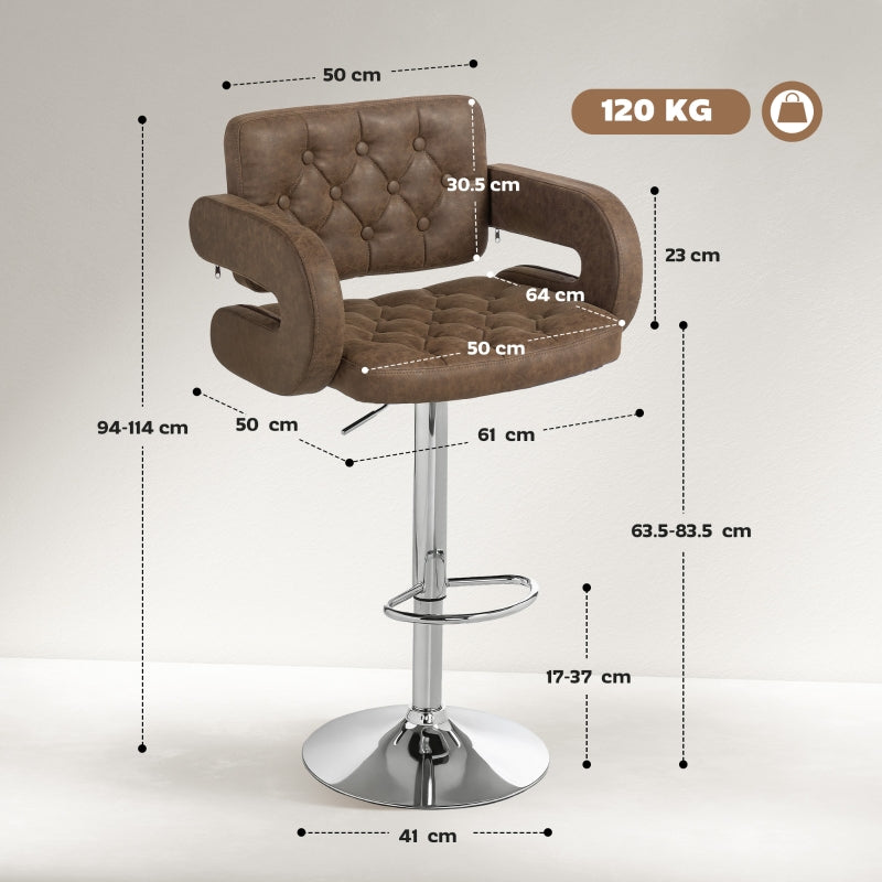 PU Leather Swivel Bar Stool, Height Adjustable with Back and Armrest, Coffee