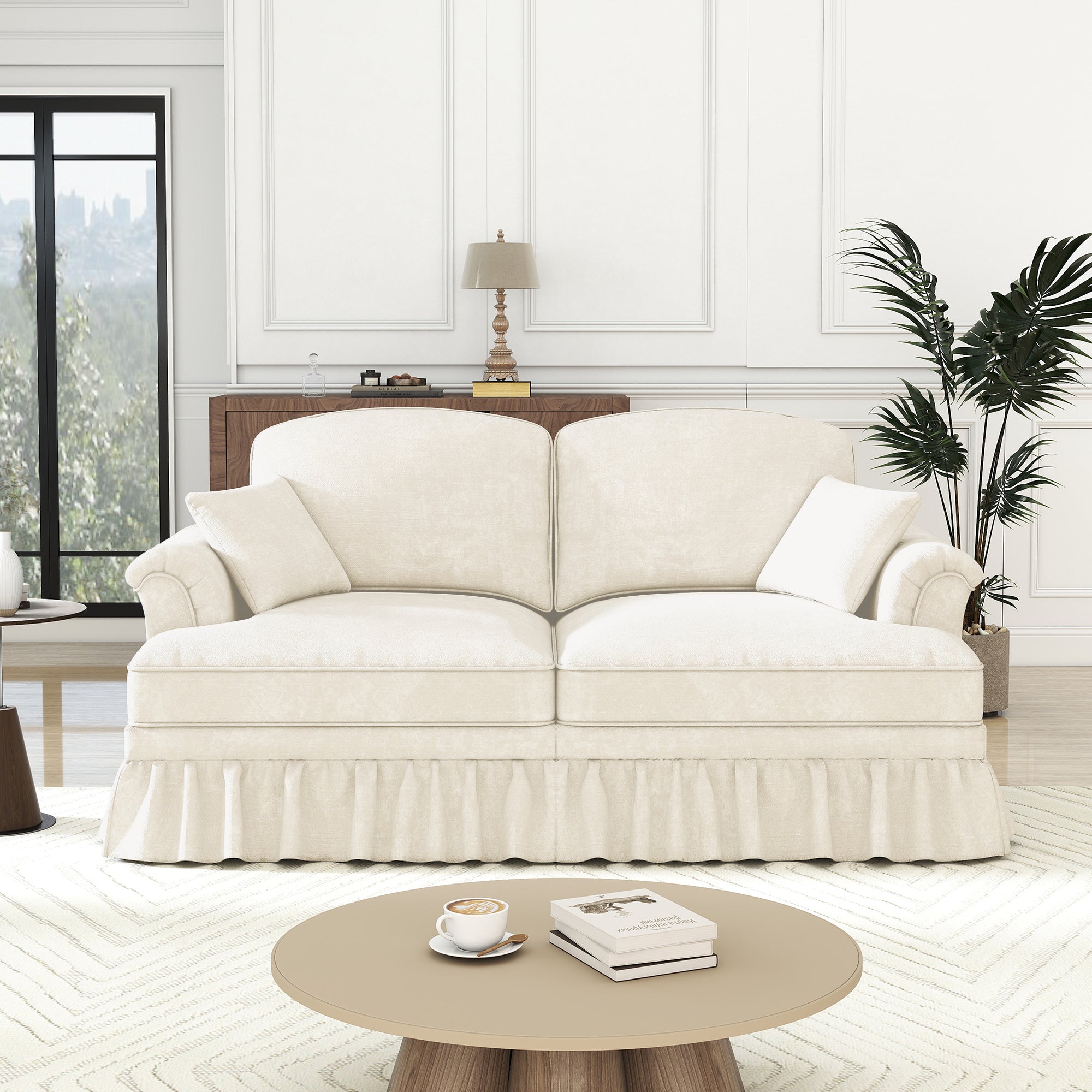 Sofa 2-Seater Mid-Century Modern Flared Arm Chenille - White