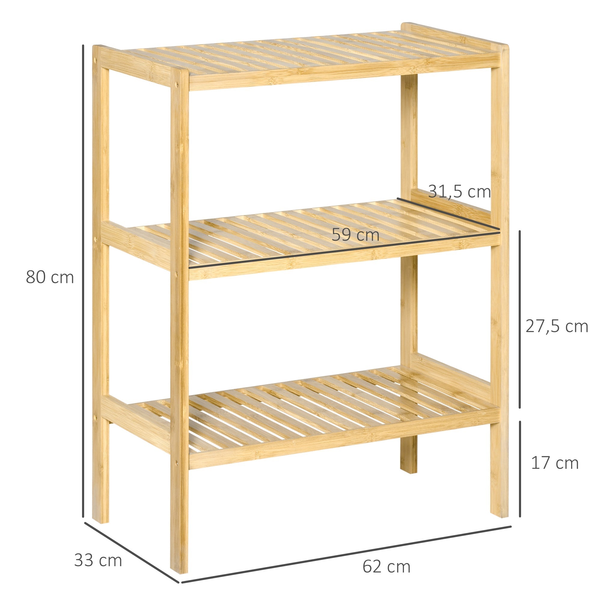Bathroom Shelf, 3 Levels Standing Kitchen, Natural Bamboo