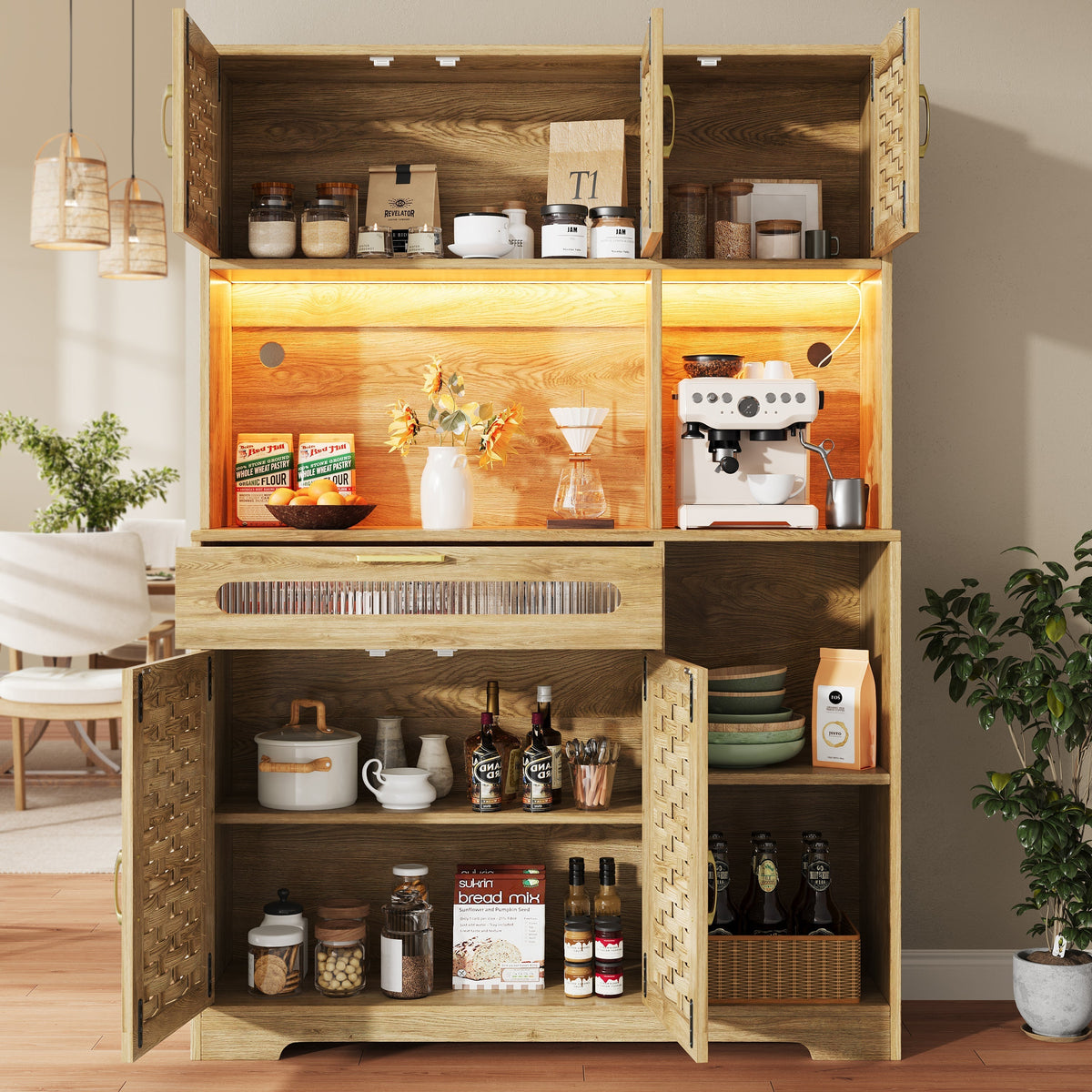 Tall Display Cabinet 120x40x180cm with LED Drawers Woven Doors - MDF