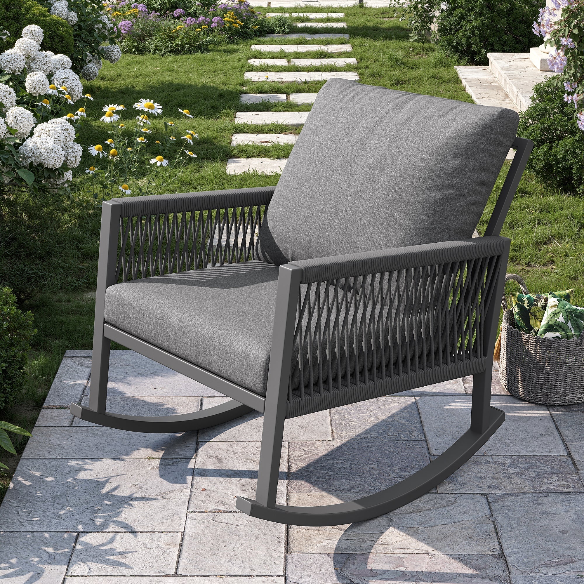 Outdoor Rocking Chair with Cross-Rope Weaving and Weatherproof Metal Frame, Grey Metal