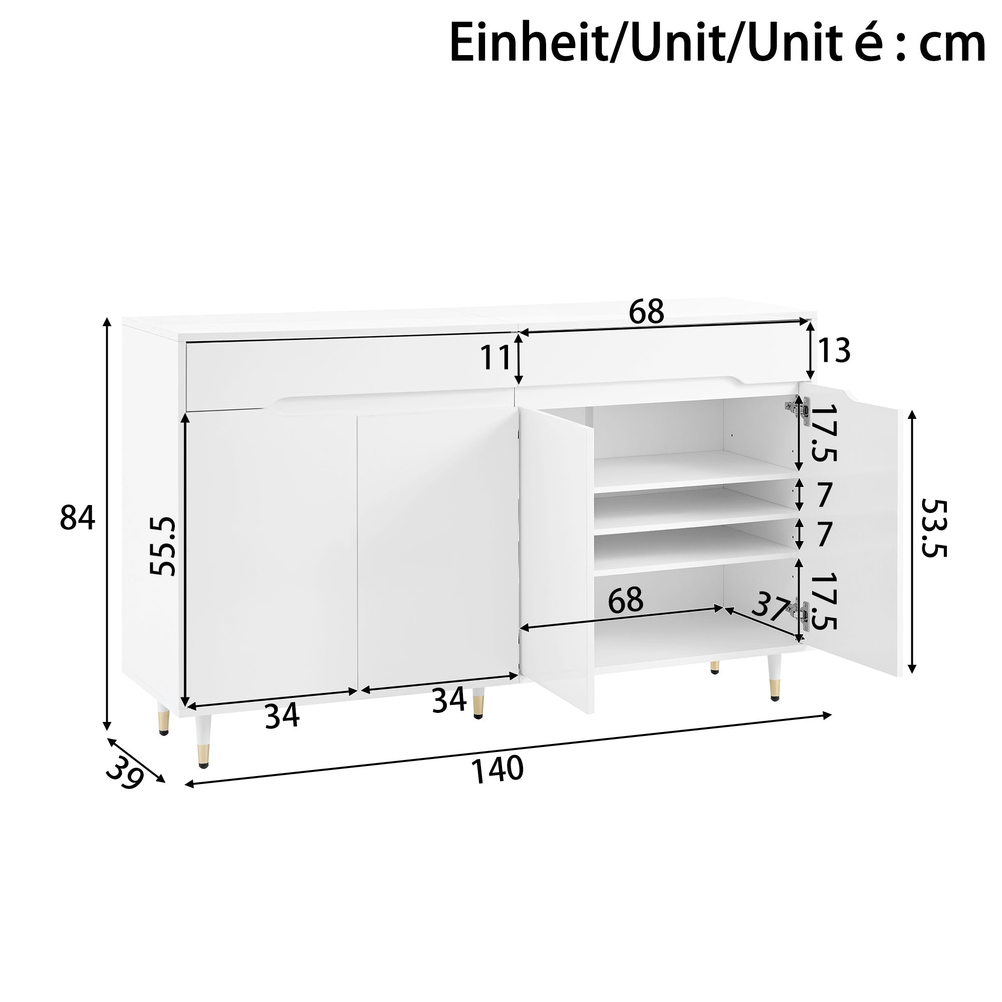 Modern Shoe Cabinet, 2 Doors 2 Drawers Adjustable Shelves, Gold Legs