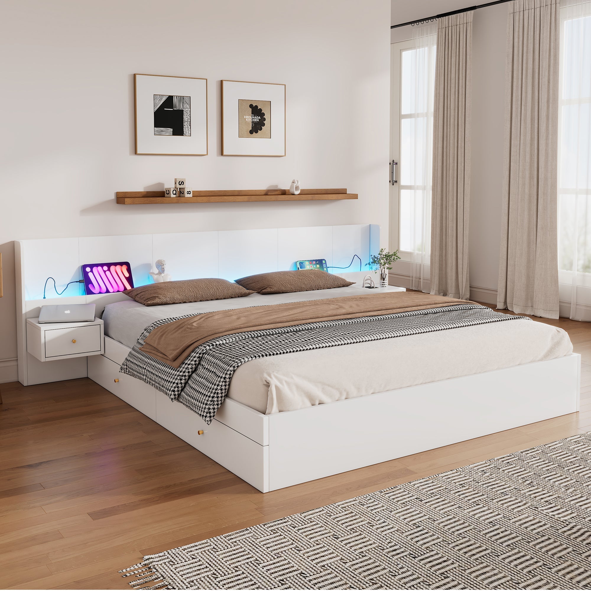 Double Bed 180x200cm LED USB App Control 2 Nightstands Storage - White Wood