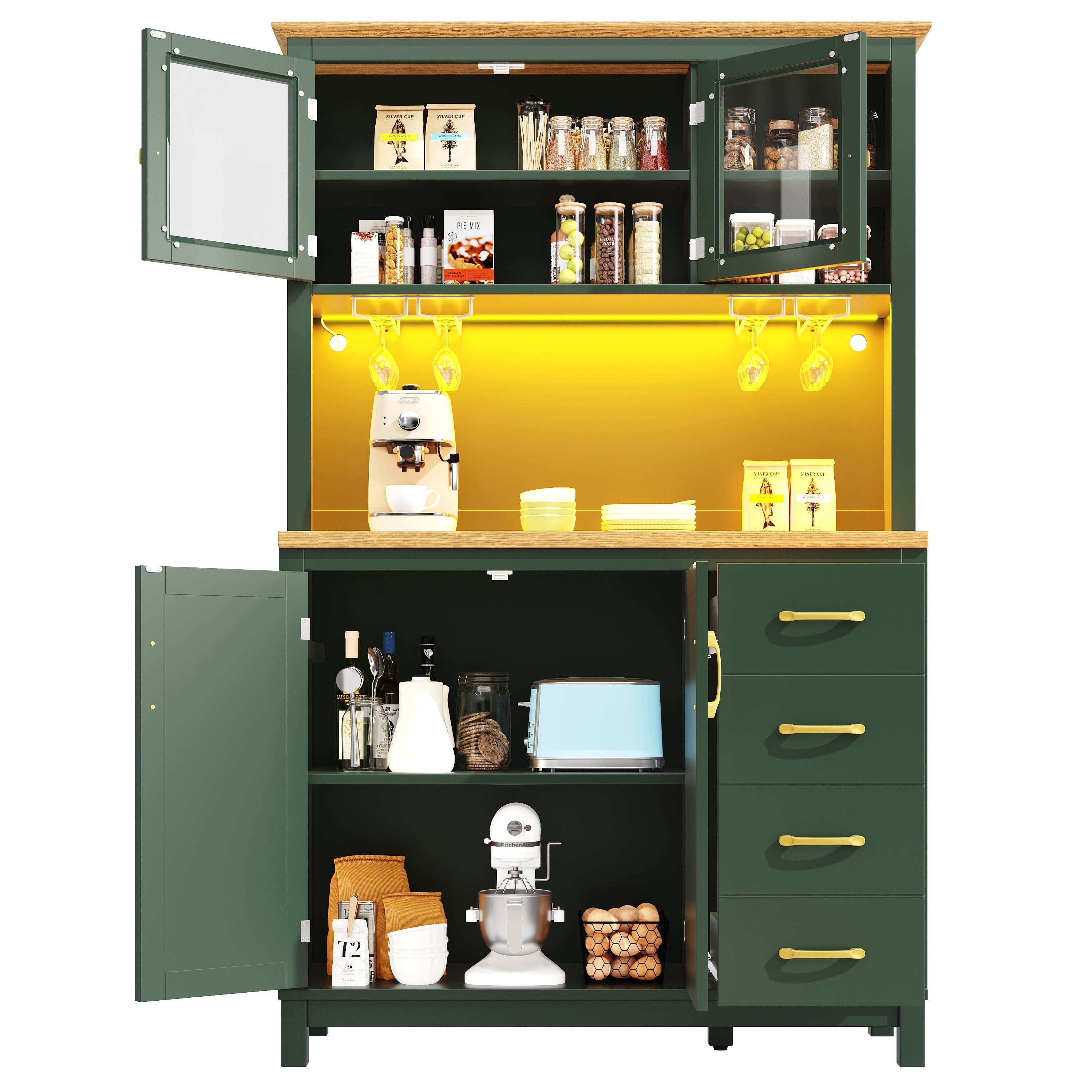 Buffet Cabinet with LED Light Strip and Drink Holders, Green, Black and White